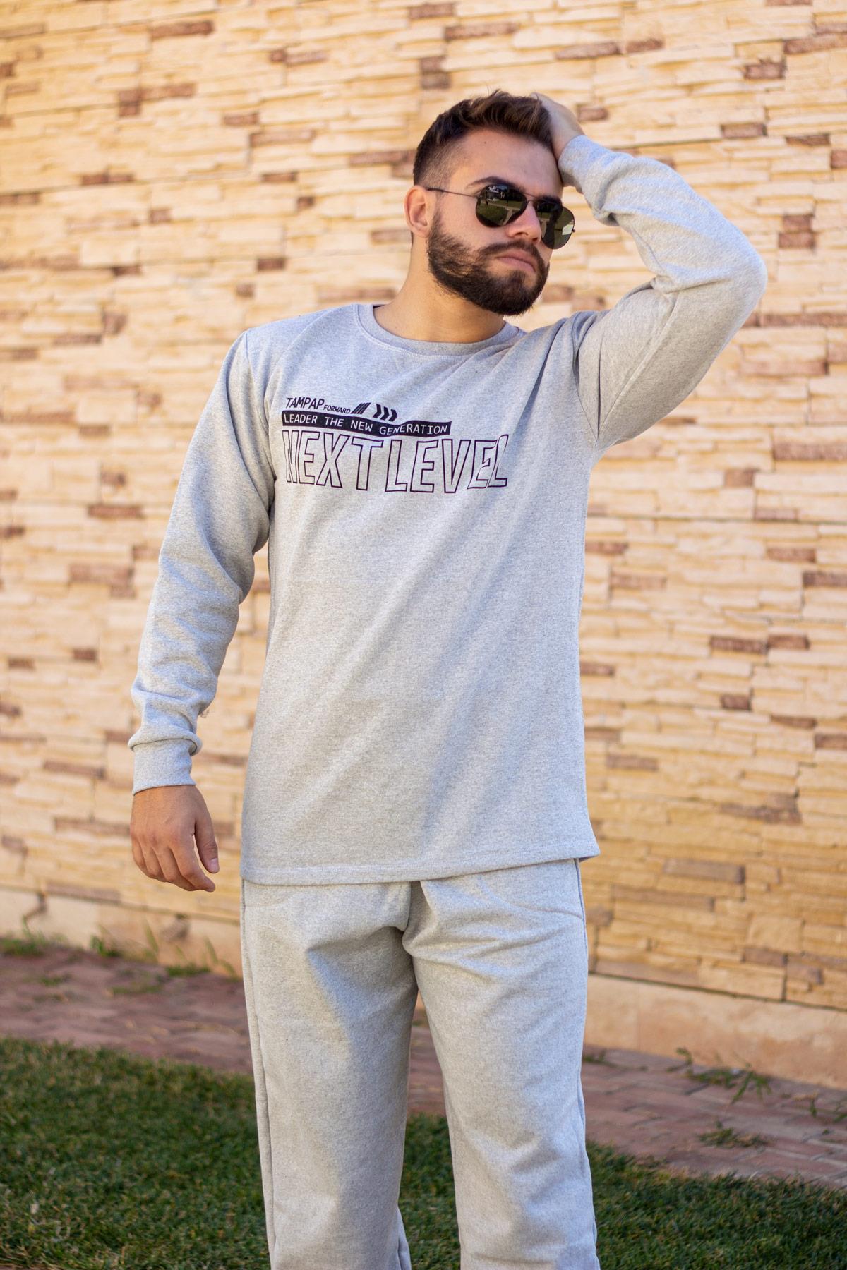 Erkek Gri Next Level Yazılı Lastikli Cepli Eşofman Takımı 21EESTNEXT