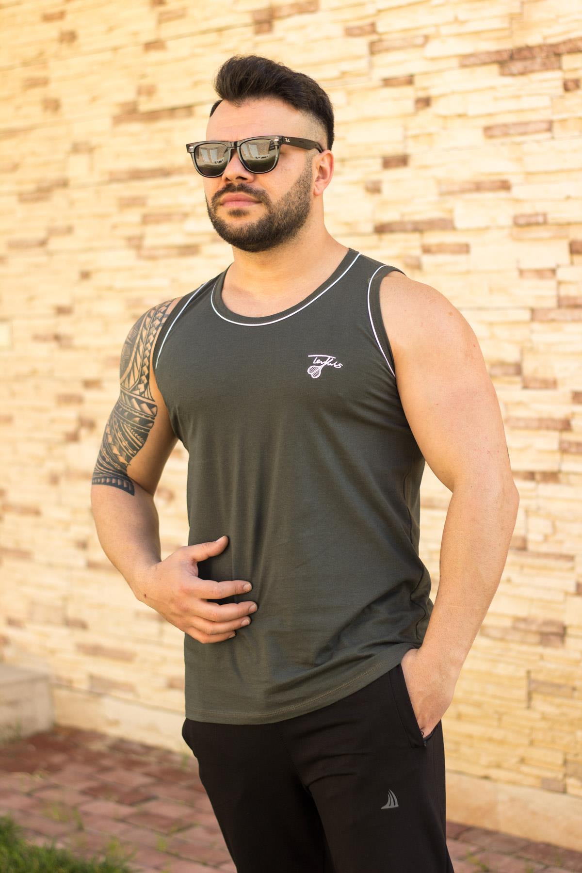 Erkek Haki Pamuklu Beyaz Biyeli Atlet 21EATLATLT