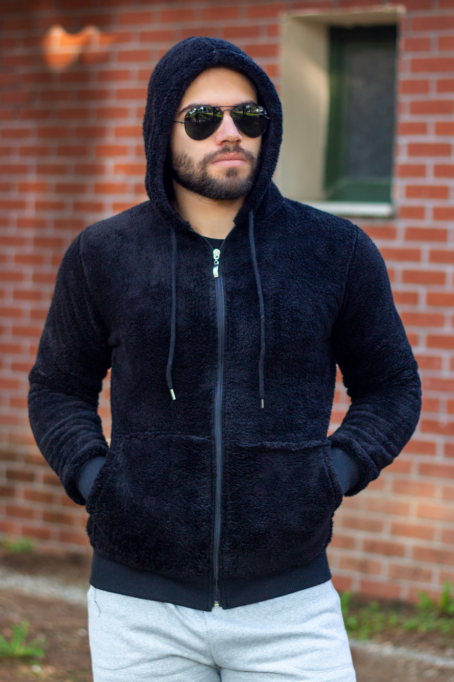 Erkek Siyah Peluş Yumoş Fermuarlı Kapüşonlu Bel Bilek Ribanalı Welsoft Ceket 22ECKTARAS