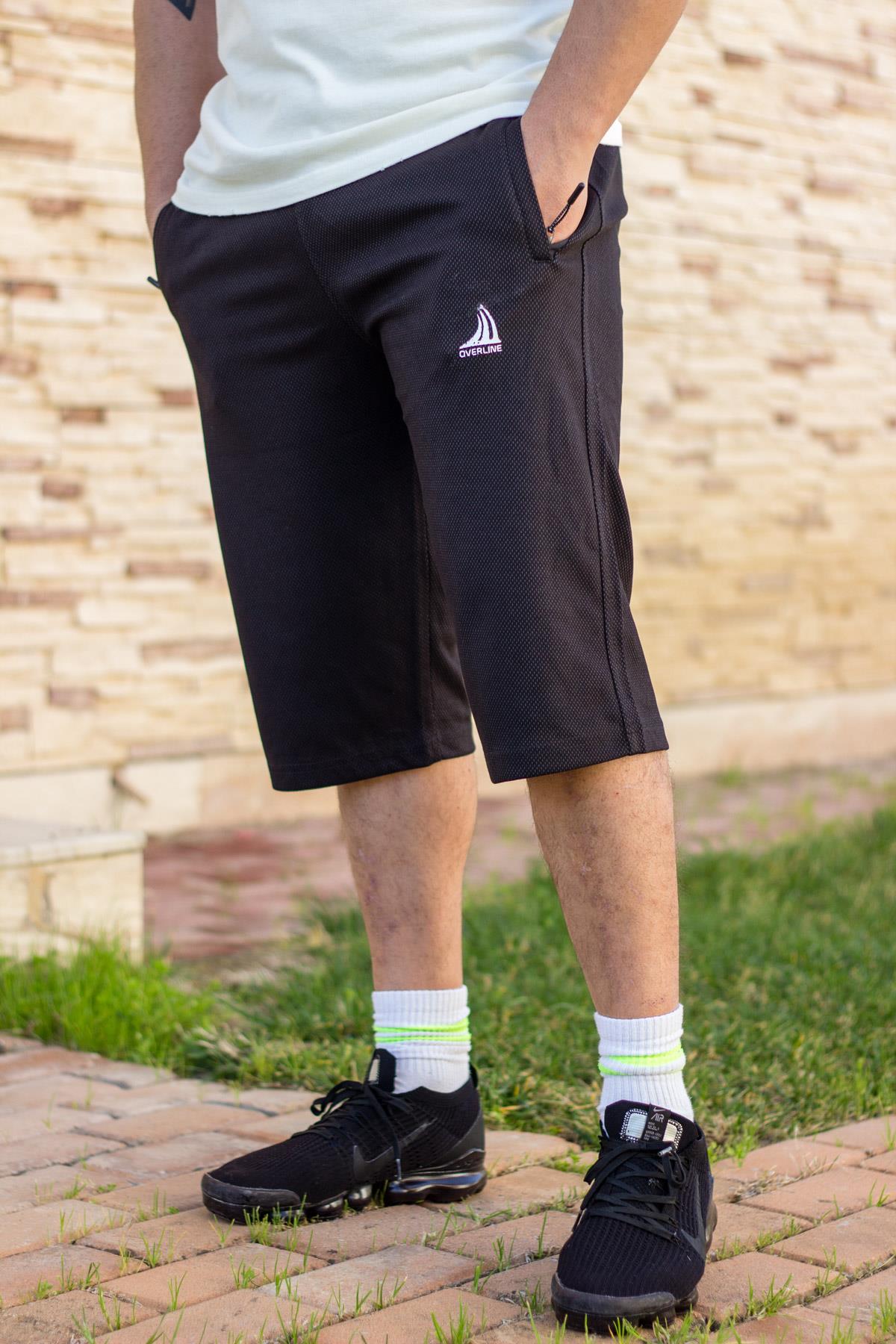 Erkek Siyah Petek Kumaş Cepli Gizli Fermuarlı İpli Bermuda Şort 21EBRMUPET