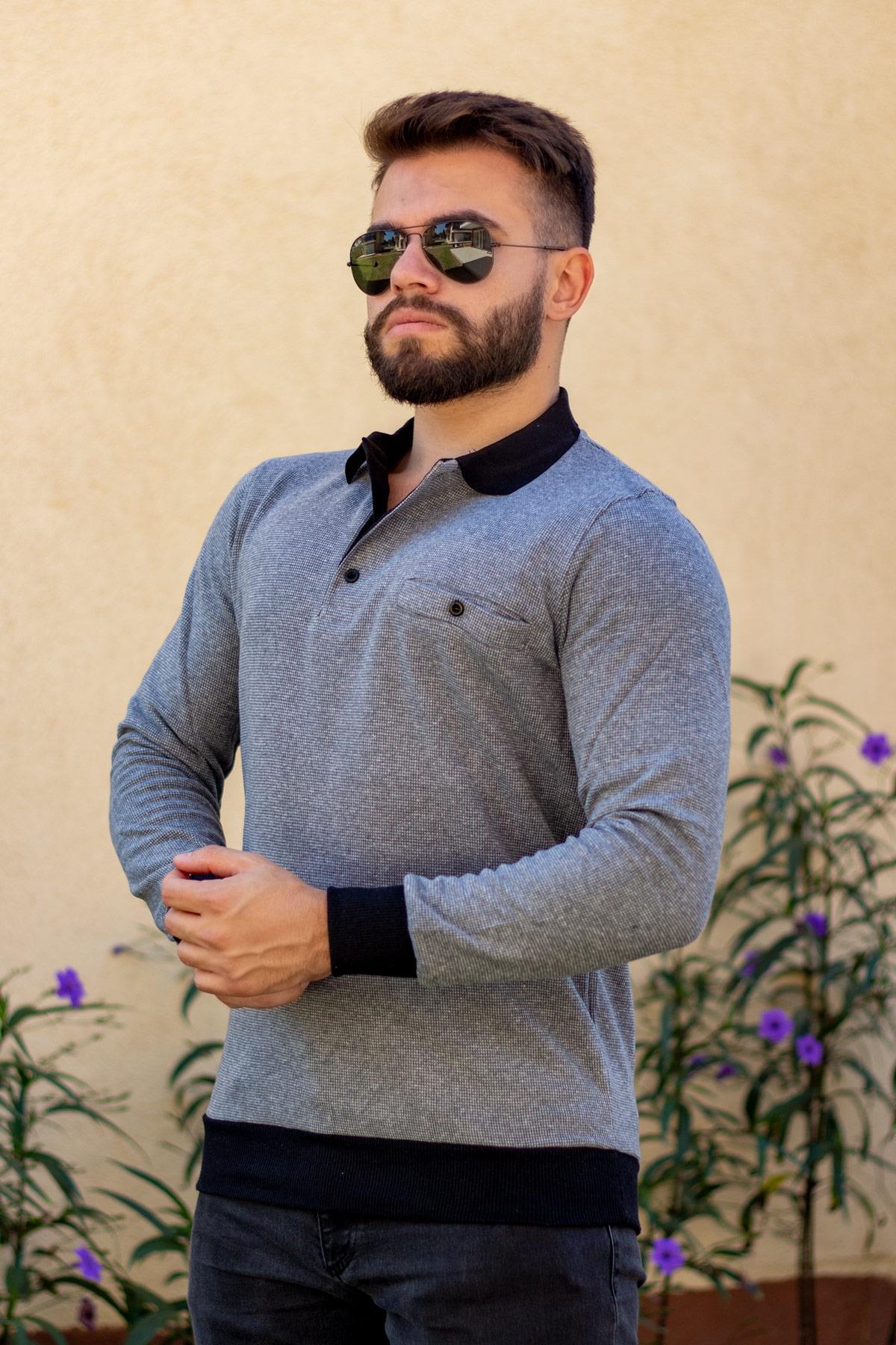 Erkek Gri Polo Yaka Selanik Kumaş Sweat Kazak 21EKZKPLSL