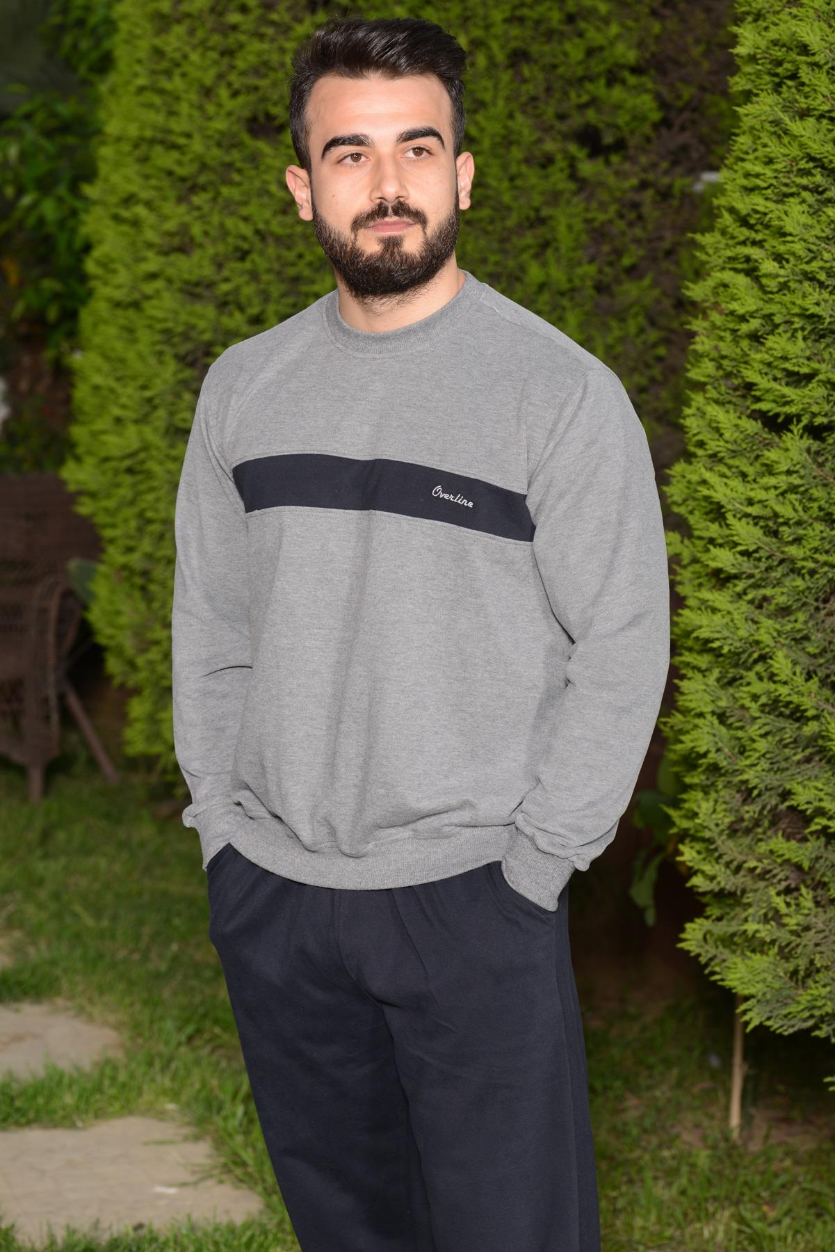 Erkek Gri Siyah Organik Kumaş Bisiklet Yaka Rahat Kalıp Sweat Eşofman Takımı 21EESTDOKT