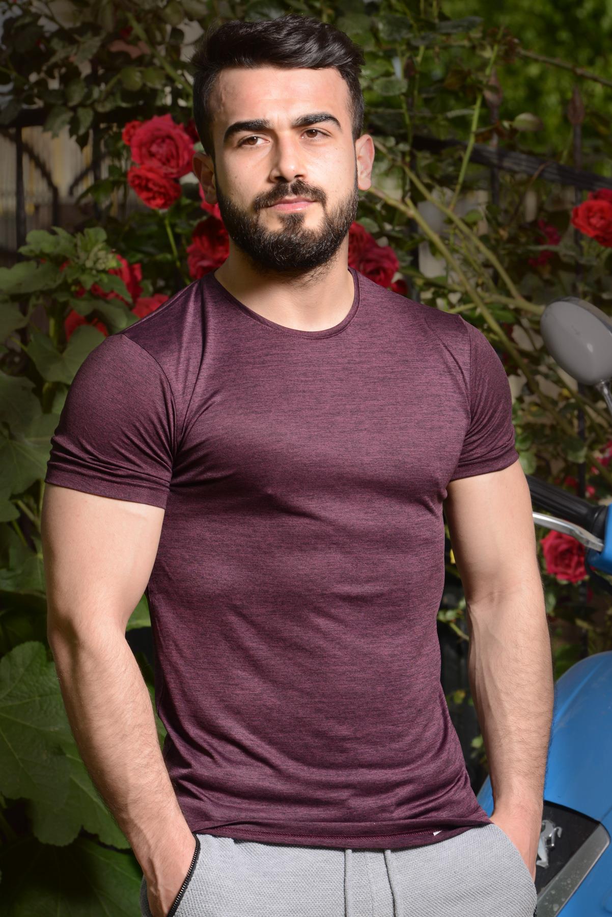 Erkek Mürdüm Slim Fit Esnek Yuvarlak Bisiklet Yaka Kısa Kollu Tişört 21ETSHINCE