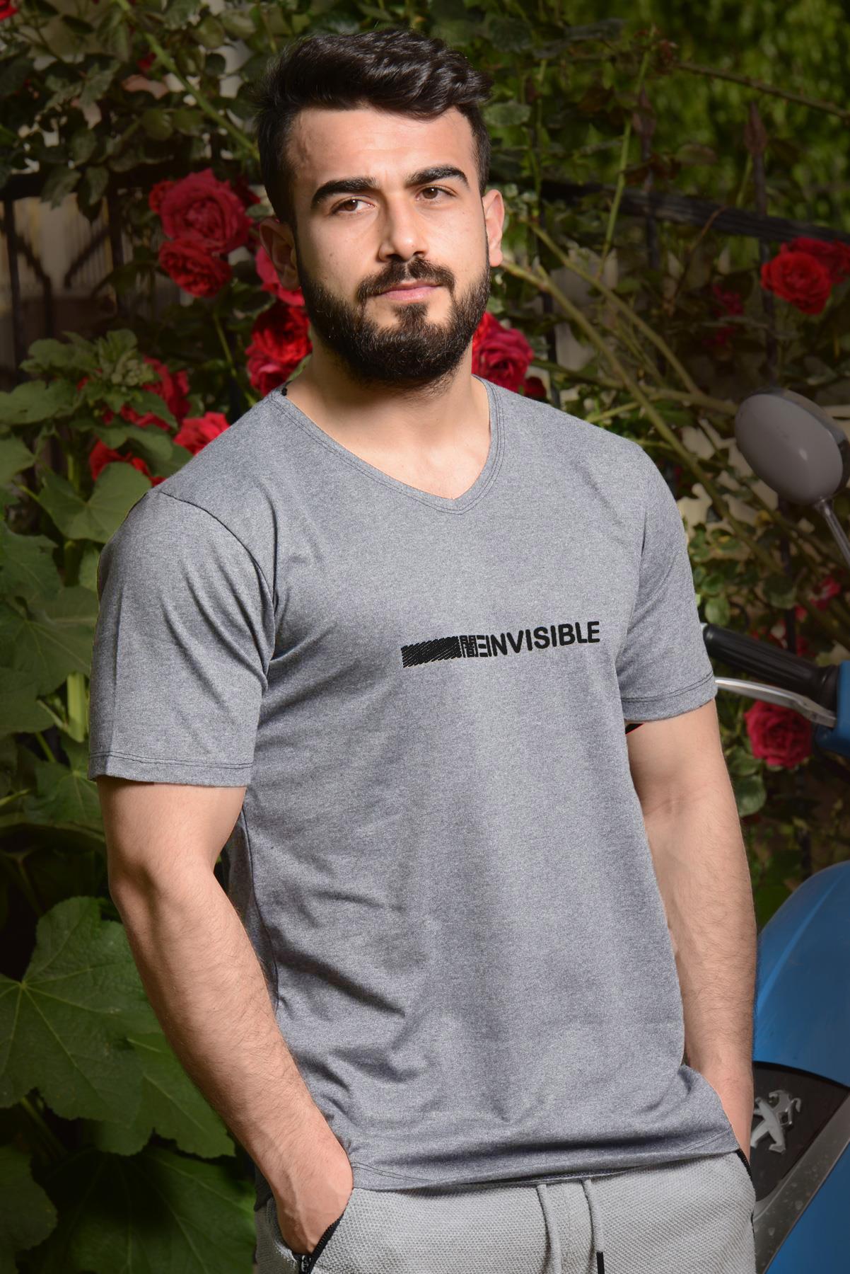 Erkek Gri Invisible Yazılı Kısa Kollu V Yaka Tişört 20ETSHNVSB