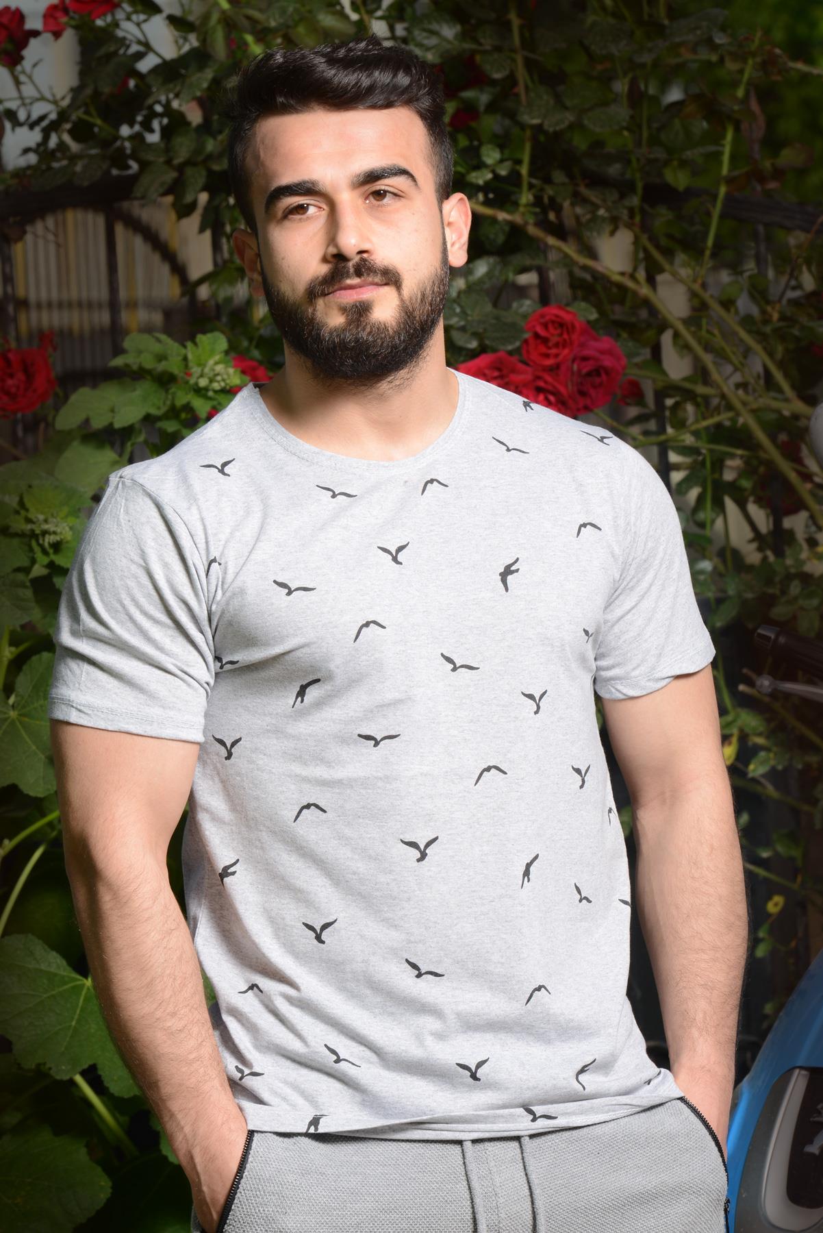 Erkek Gri Martı Baskılı Kısa Kollu Bisiklet Yaka Tişört 21ETSHMART