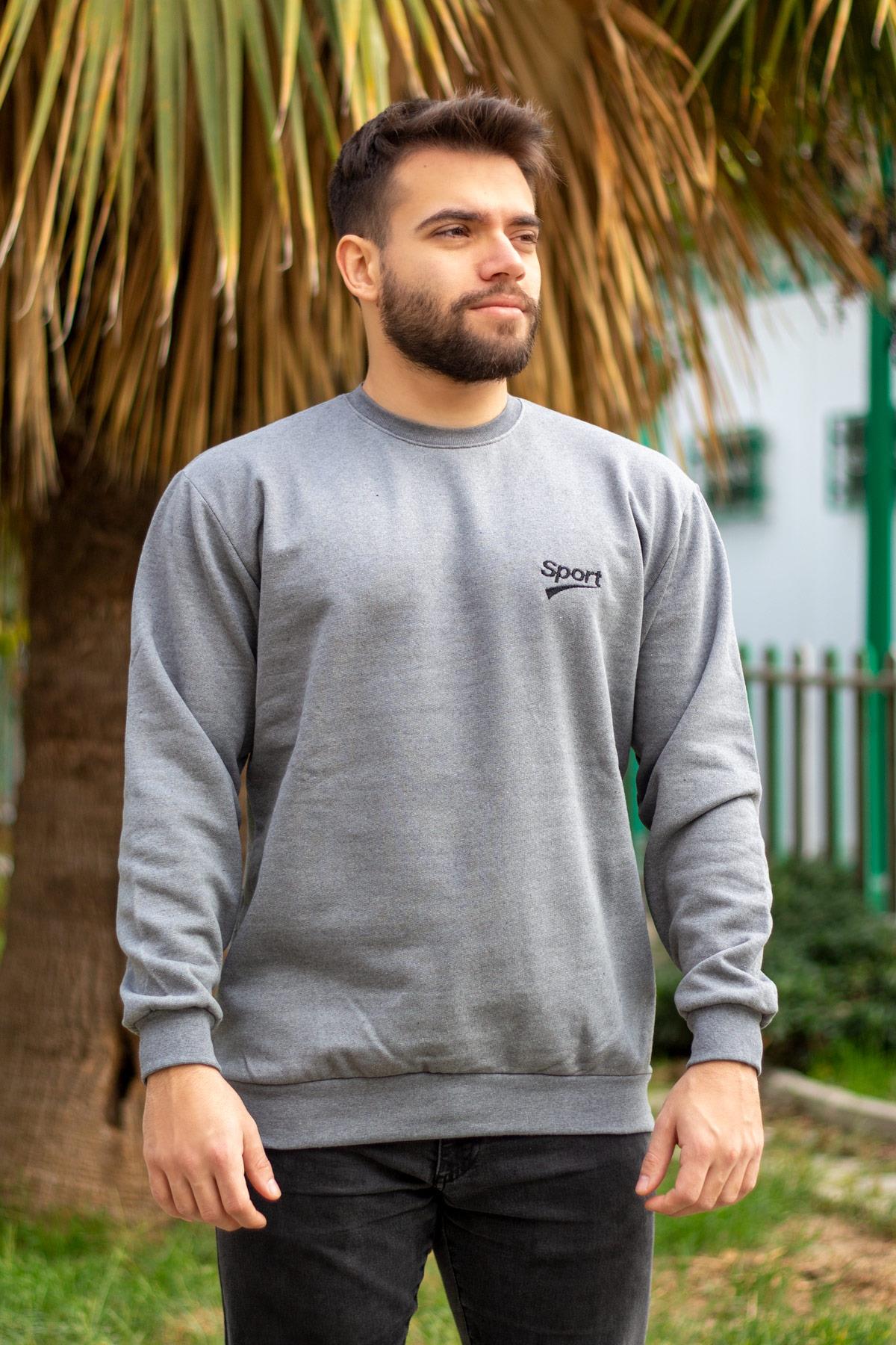 Erkek Gri Sport Nakışlı Uzun Kollu İçi Yumuşak Düz Sade Sweatshirt 21ESWTSPRT