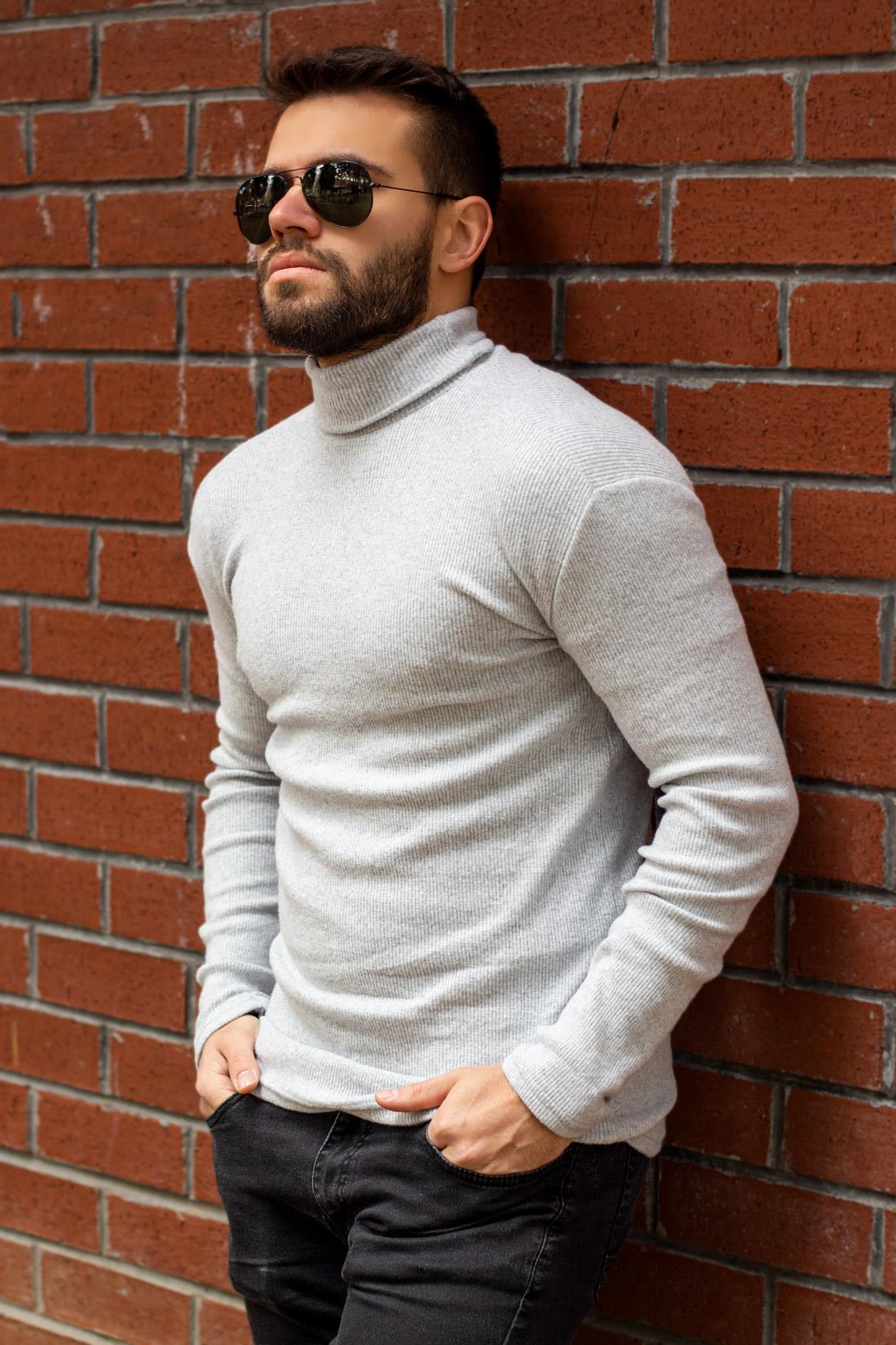 Erkek Gri Tam Boğazlı Balıkçı İnce Uzun Kollu Body Kazak 22EKZKBODO