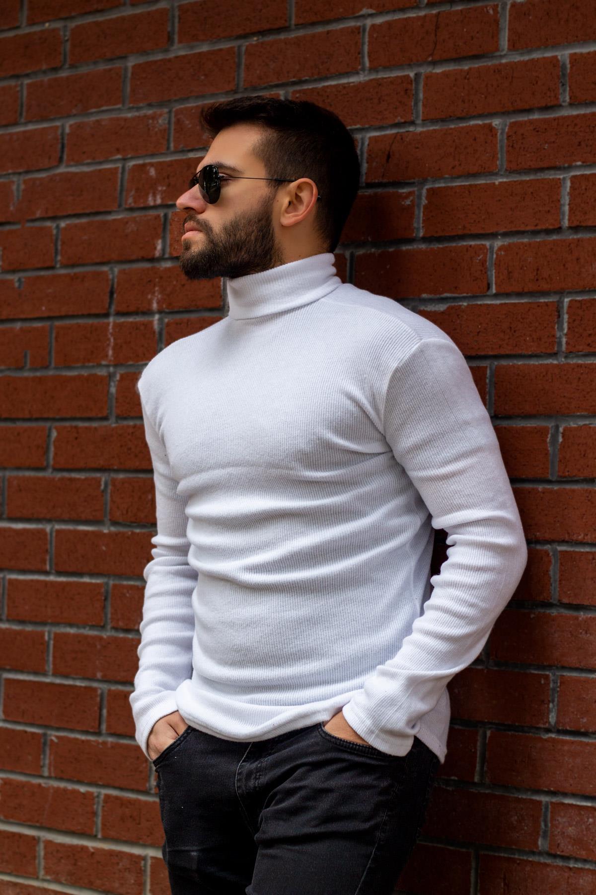 Erkek Beyaz Tam Boğazlı Balıkçı İnce Uzun Kollu Body Kazak 22EKZKBODO