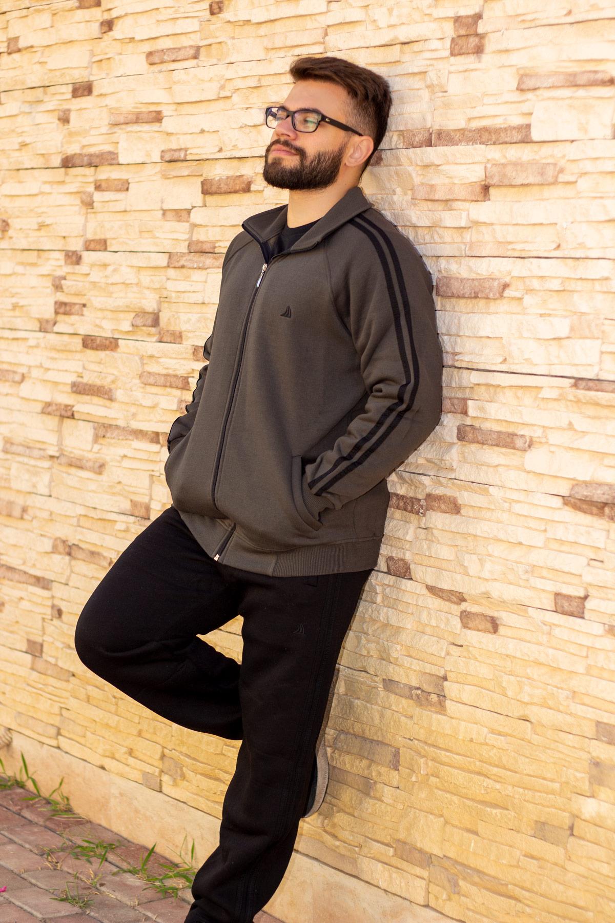 Erkek Haki Ekstra Kalın Sweat Fermuarlı Şeritli Eşofman Takım 21EESTKAST