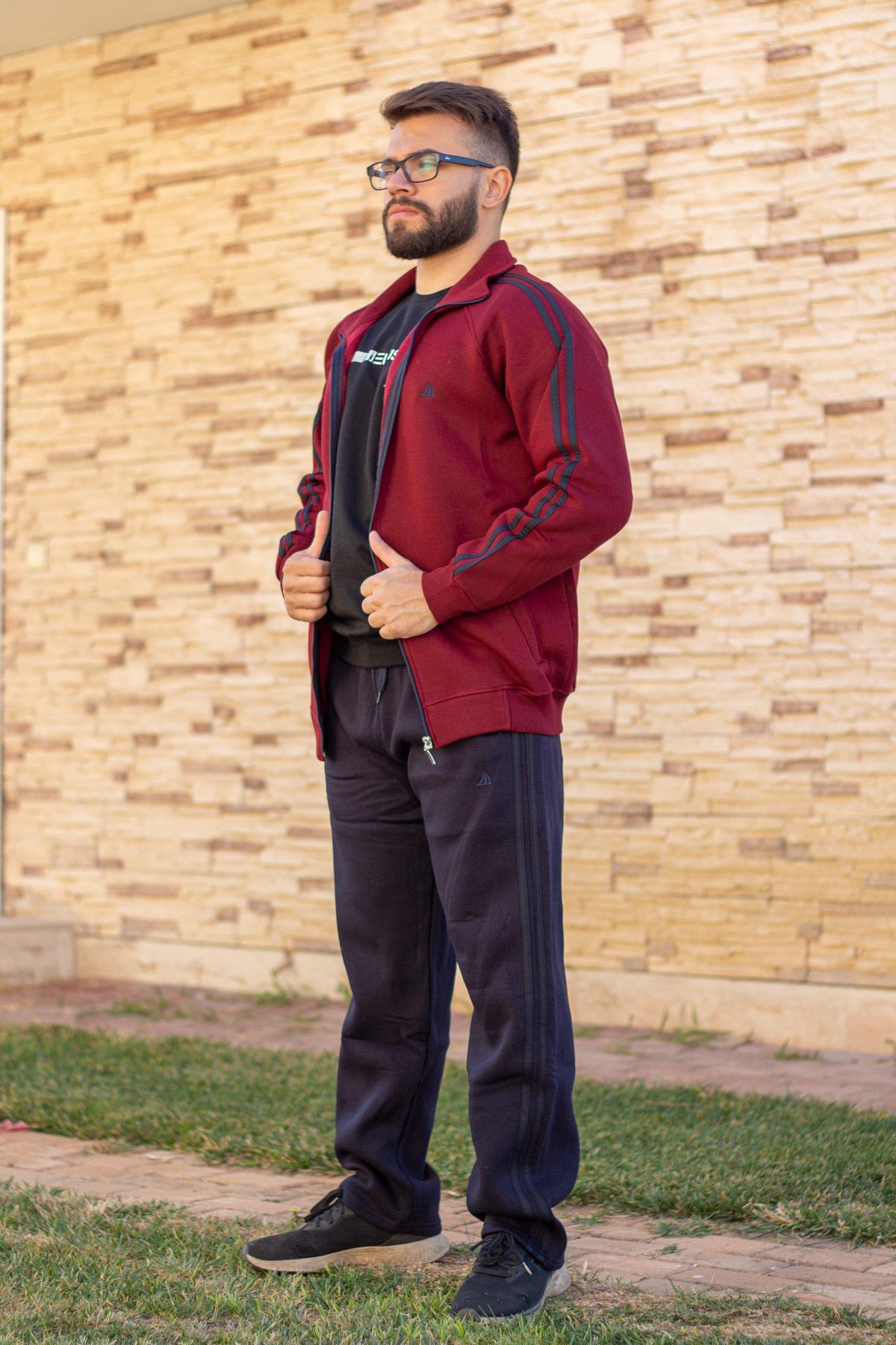 Erkek Kırmızı Ekstra Kalın Sweat Fermuarlı Şeritli Eşofman Takım 21EESTKAST