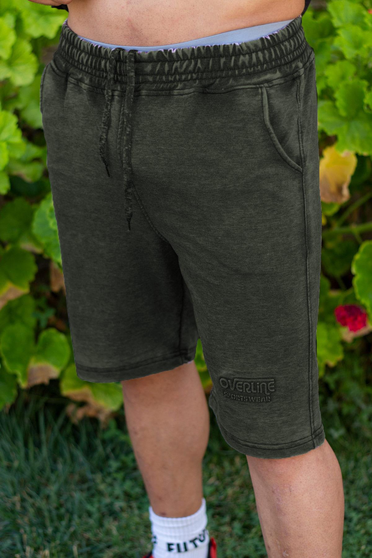 Erkek Haki Koyu Eskitme Desen Kabartma Baskı Cepli Şort 21ESRTESTM