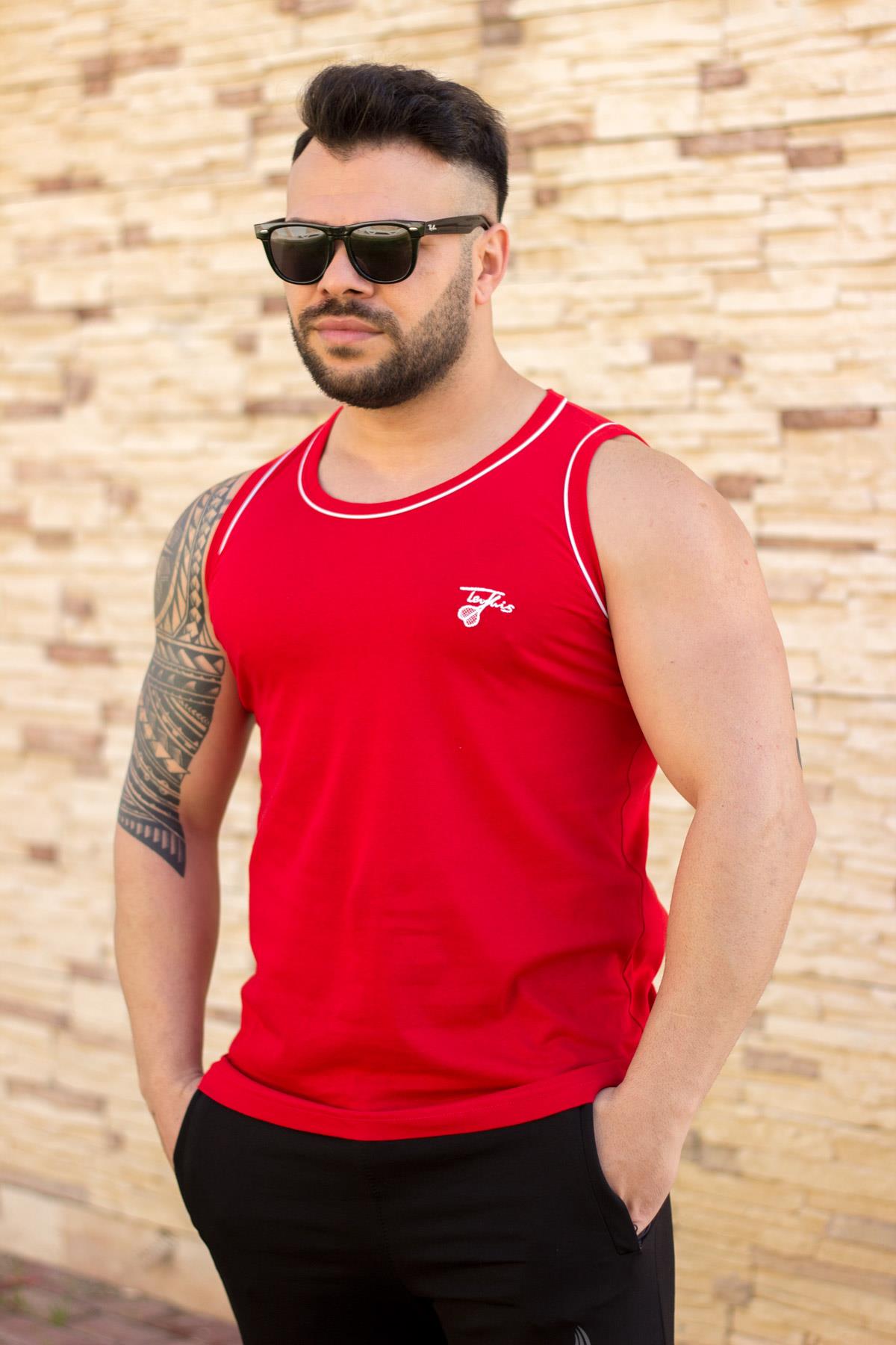 Erkek Kırmızı Pamuklu Beyaz Biyeli Atlet 21EATLATLT