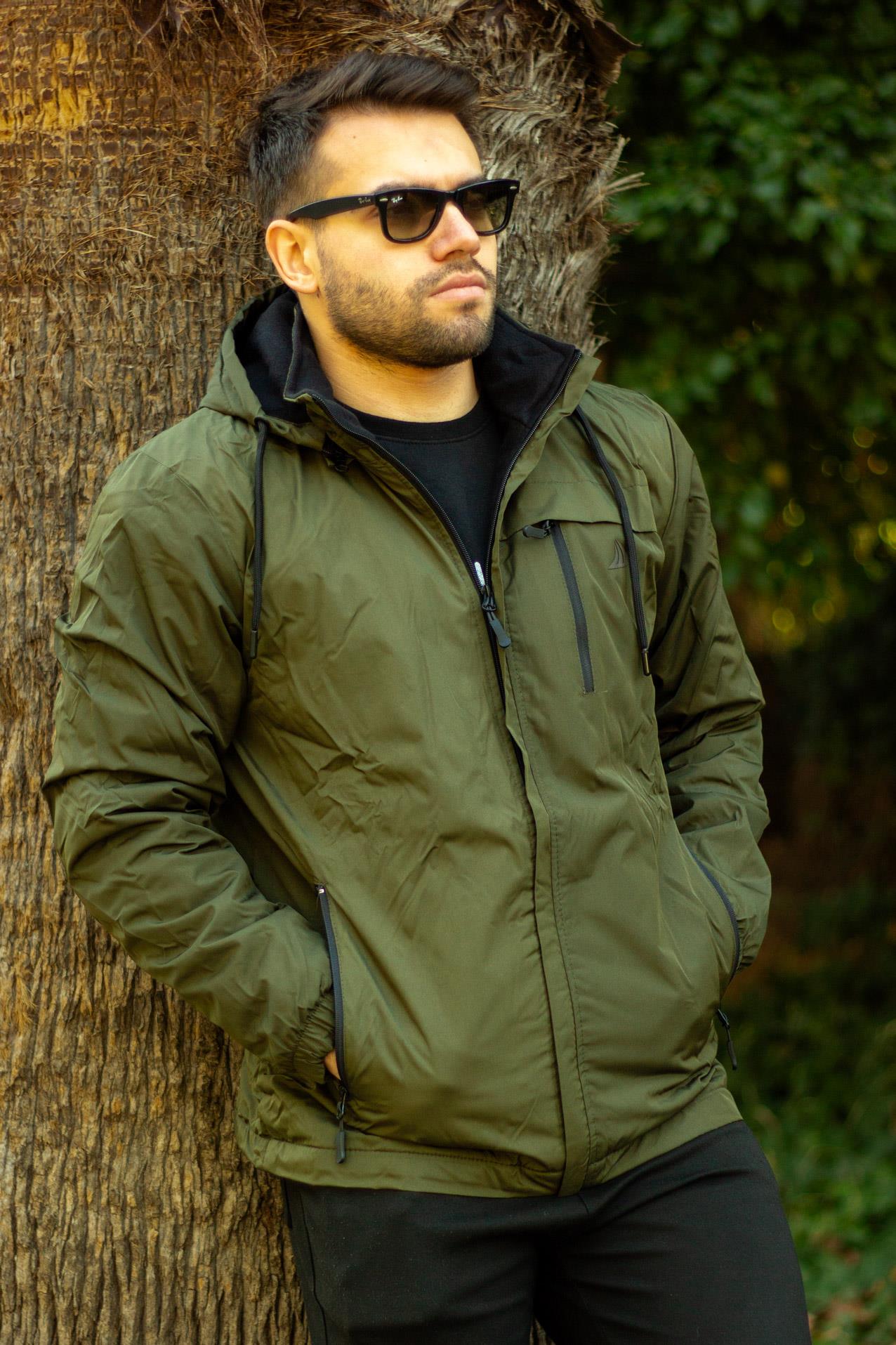 Erkek Haki Suya Dayanıklı Rüzgar Geçirmez Çıkarılabilir Kapüşonlu Balıkçı Motorcu Mont 23EMNTR860