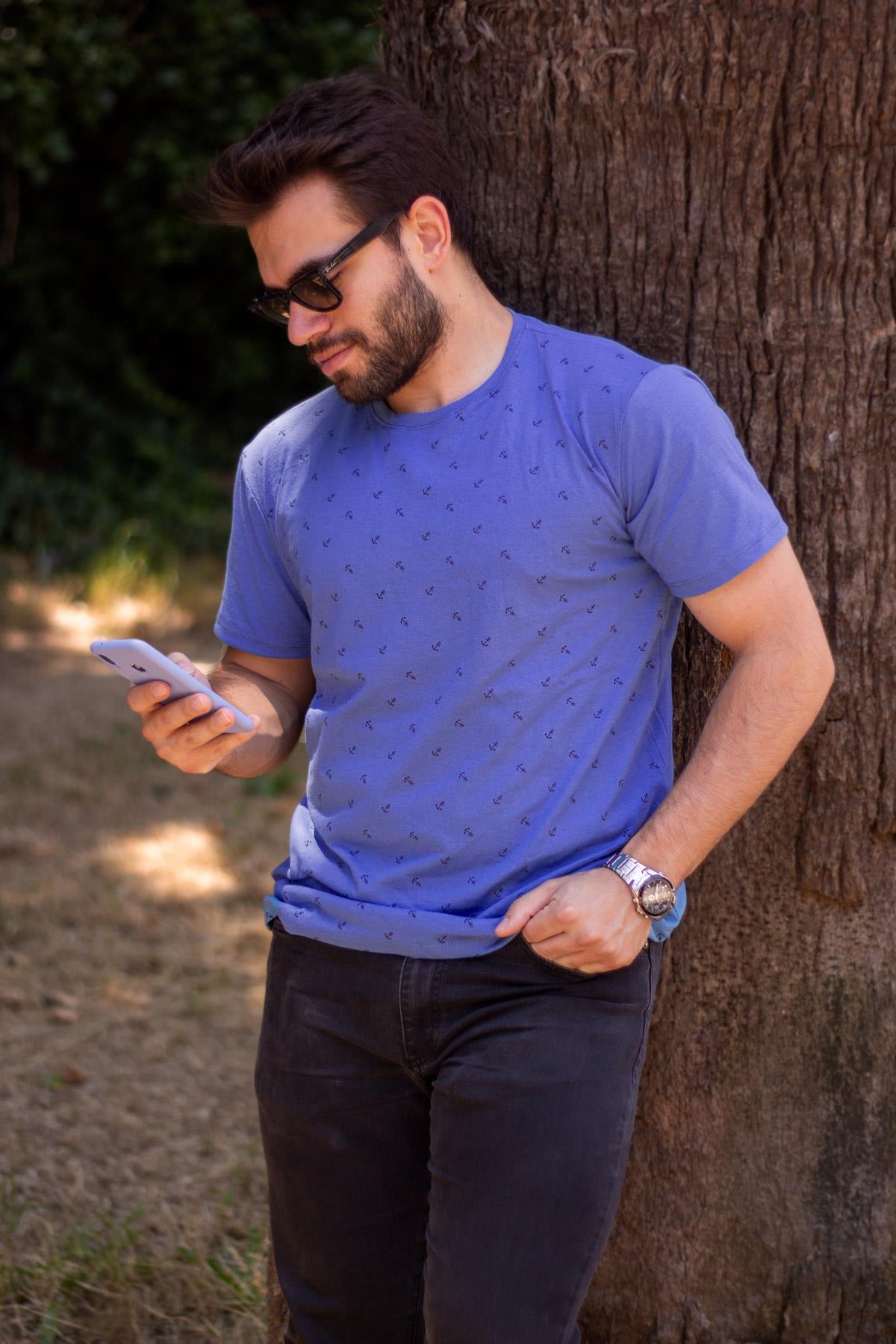 Erkek İndigo Çapa Desenli Bisiklet Sıfır Yaka Pamuklu Kısa Kollu T-Shirt 20ETSHCAPA