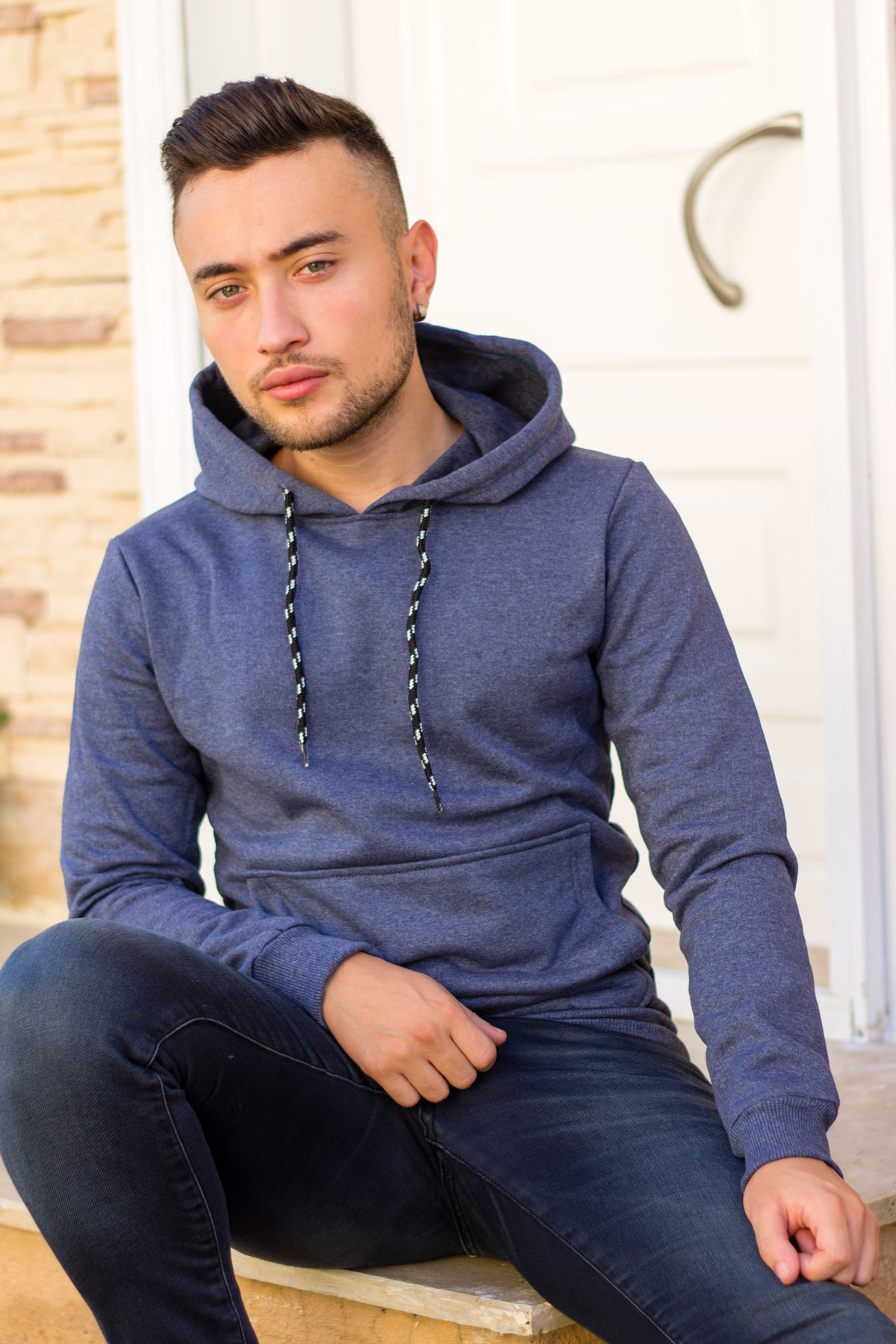 Erkek İndigo Kapüşonlu Kanguru Cepli Uzun Kollu Sweatshirt 20EESAKNGR