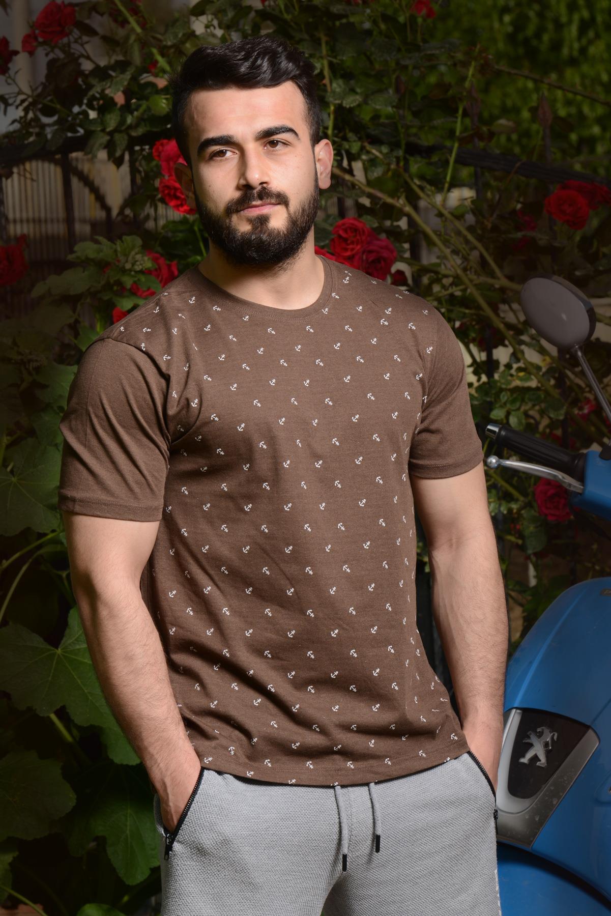 Erkek Kahve Çapa Baskılı Kısa Kollu Bisiklet Yaka Tişört 20ETSHCAPA