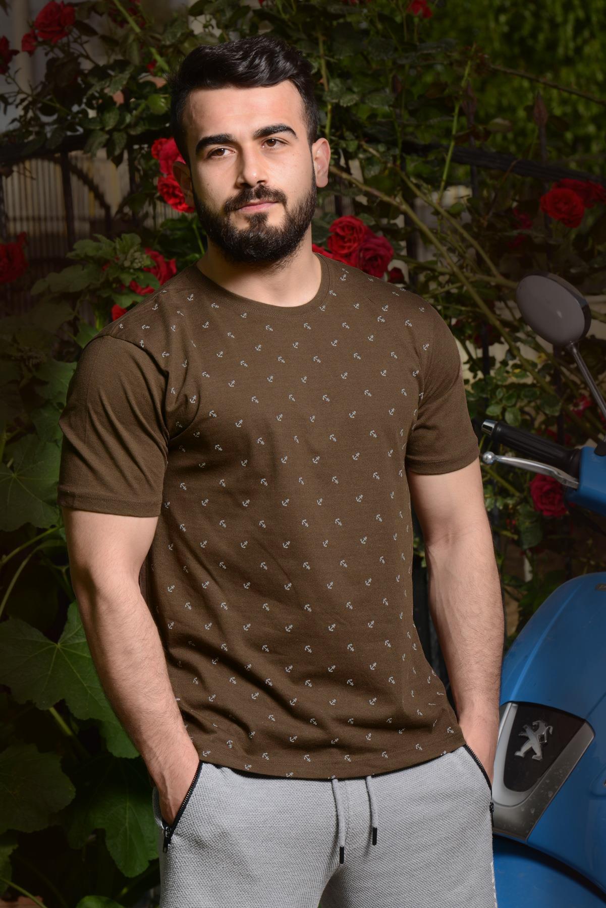 Haki Çapa Baskılı Kısa Kollu Bisiklet Yaka Penye Erkek Tişört 20ETSHCAPA