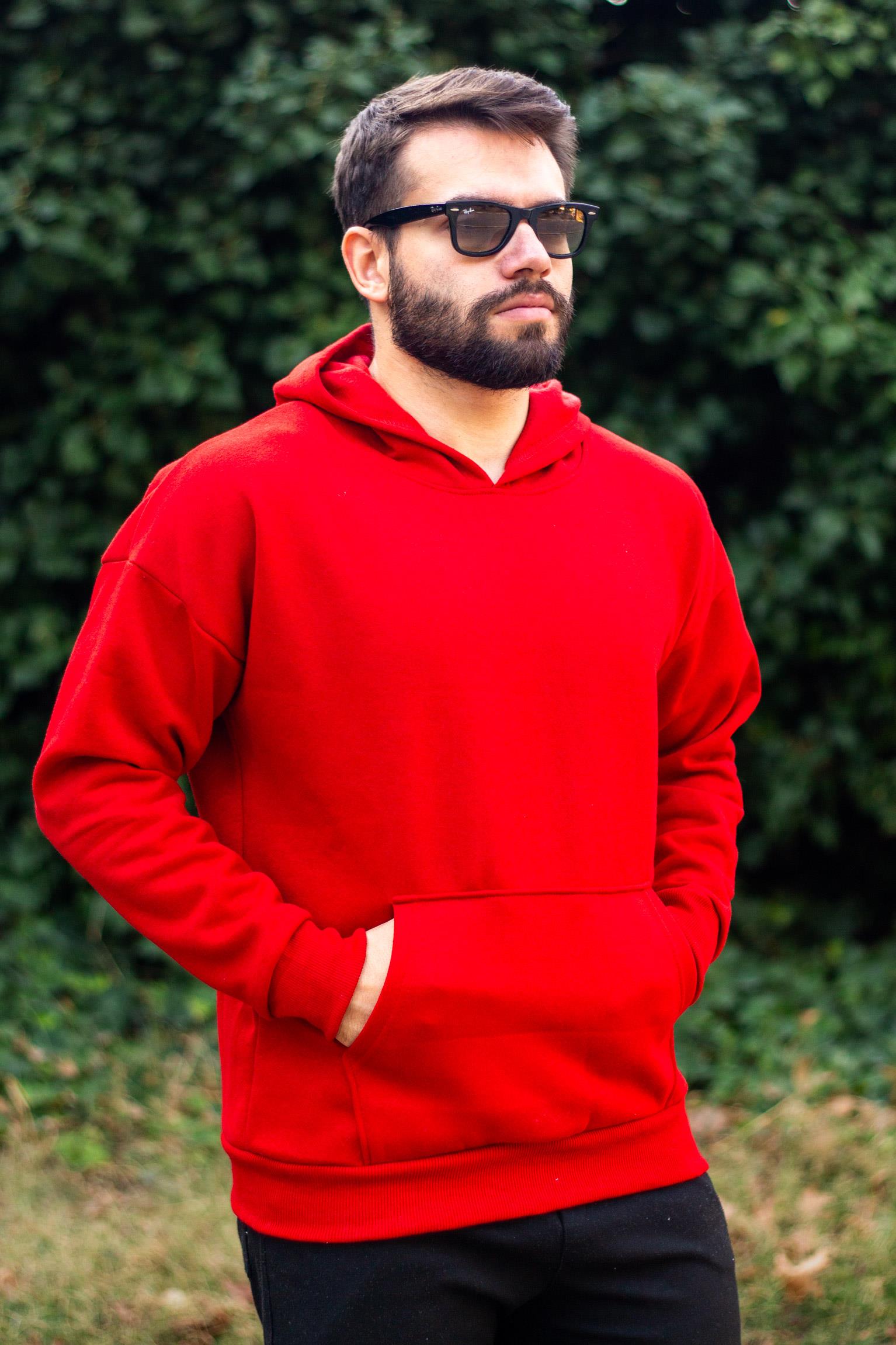 Erkek Kırmızı Basic 3 Üç İplik Ekstra Kalın Kapüşonlu Kanguru Cep Uzun Kollu Sweatshirt 23ESWTUCPL