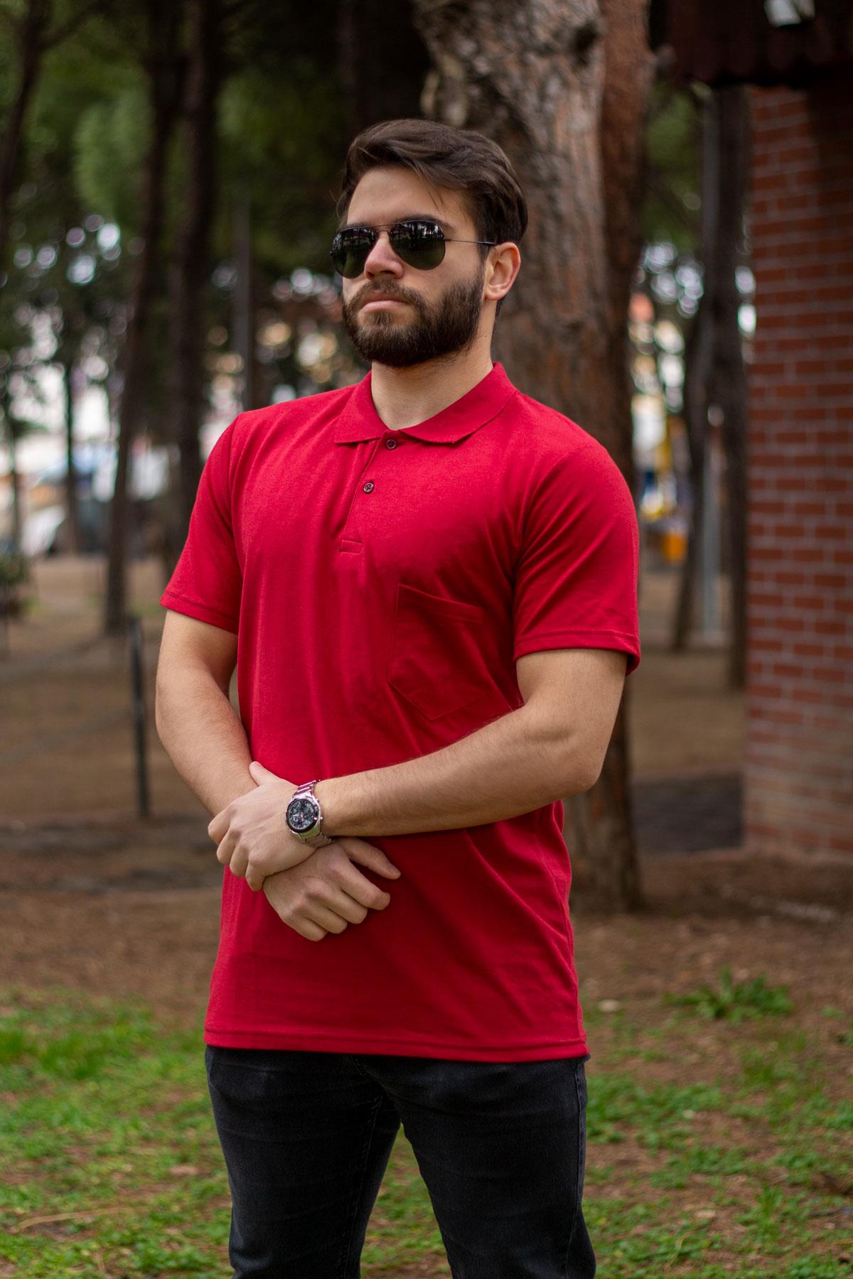 Erkek Kırmızı Basic Düz Polo Yaka Kısa Kollu Pamuklu Tişört 22EPLYOPOL