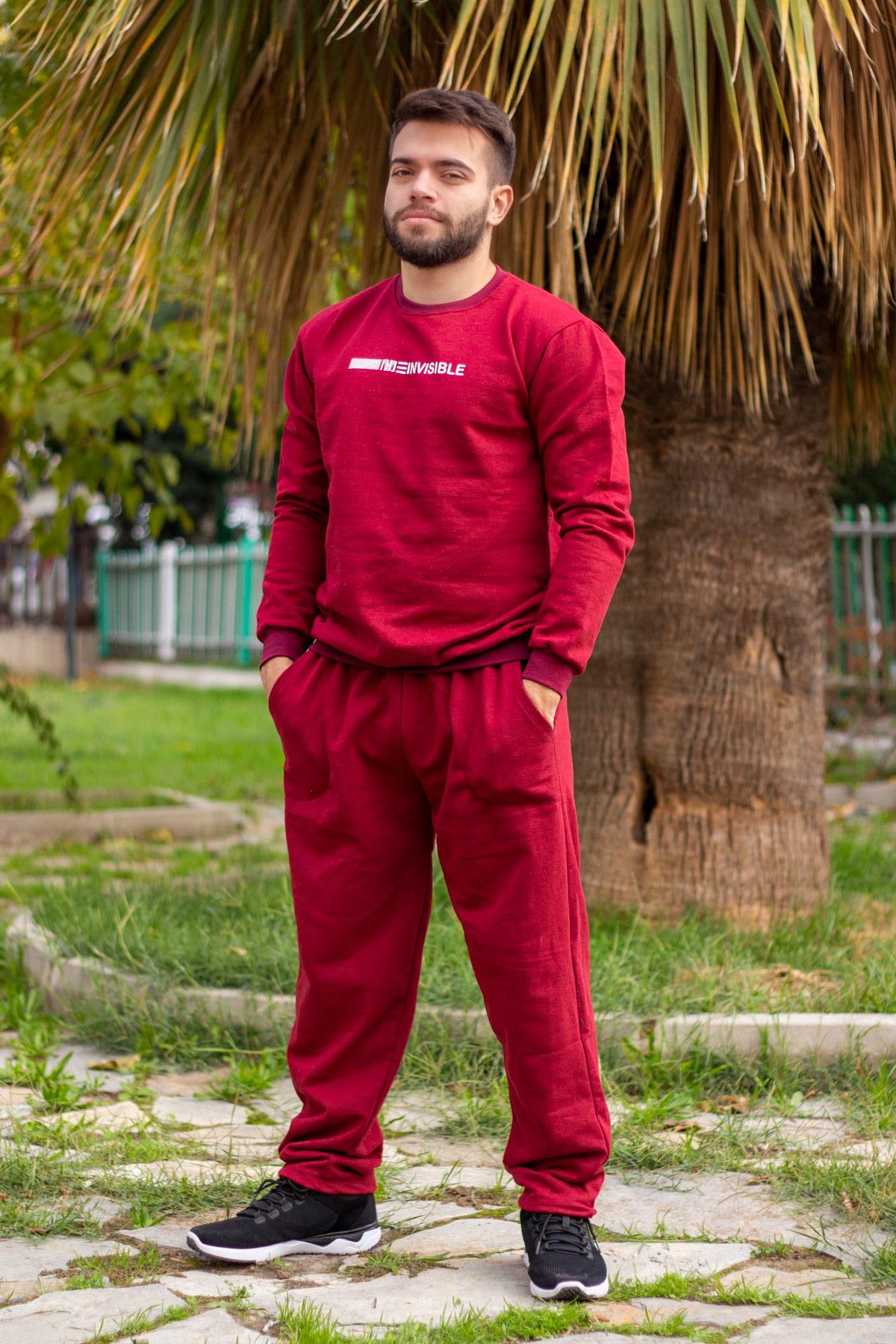 Erkek Kırmızı Basic Invisible Düz Rahat Kalıp Kalın Sweat Eşofman Takımı 21EESTTKNV