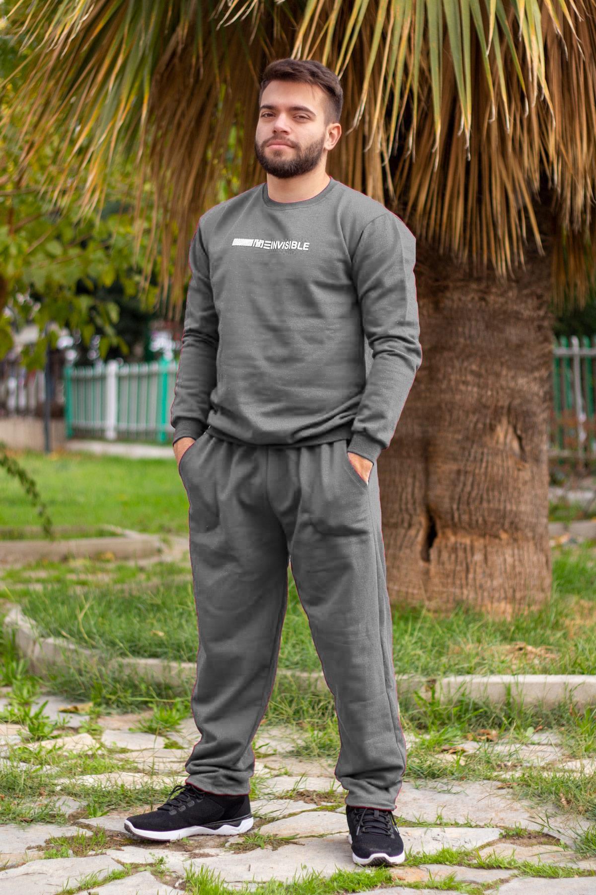 Erkek Gri Basic Invisible Düz Rahat Kalıp Kalın Sweat Eşofman Takımı 21EESTTKNV