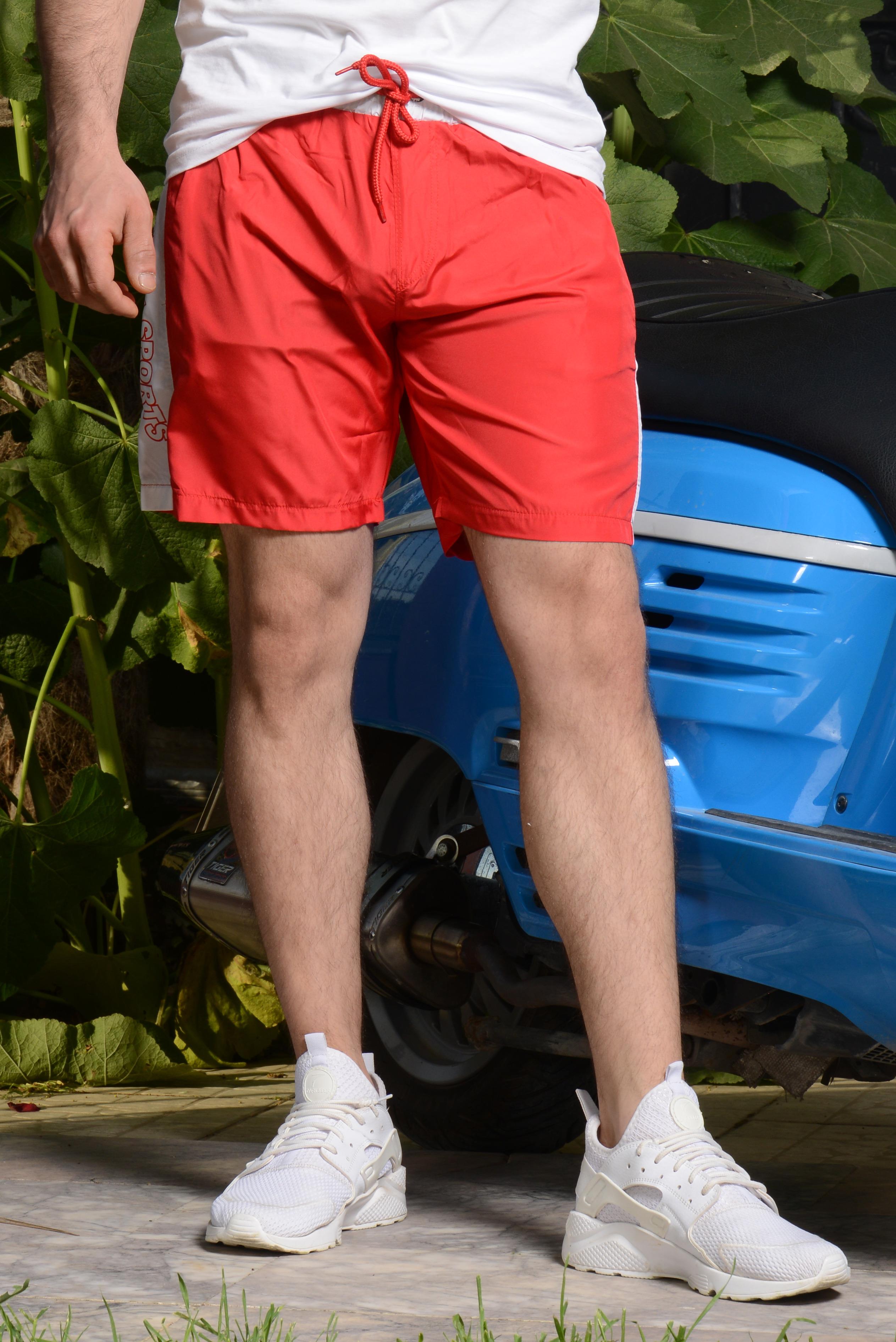 Erkek Kırmızı Cep Fermuarlı İpli Mayo Deniz Şortu 21EDSTUDNZ