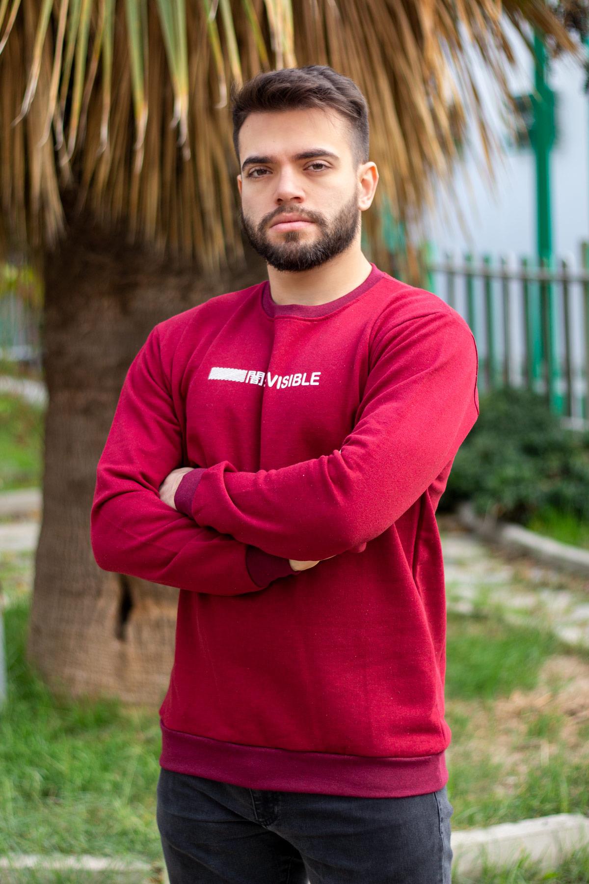 Erkek Kırmızı Invisible Yazılı Uzun Kollu Sweatshirt 21ESWTINVS