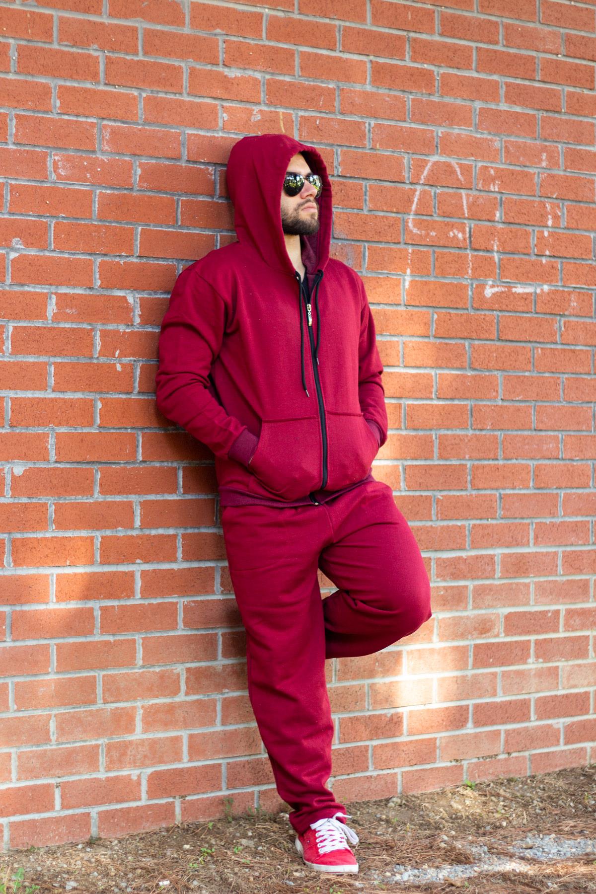 Erkek Kırmızı Kapüşonlu Fermuarlı İçi Yumuşak Kalın Eşofman Takımı 21EESTKAFE