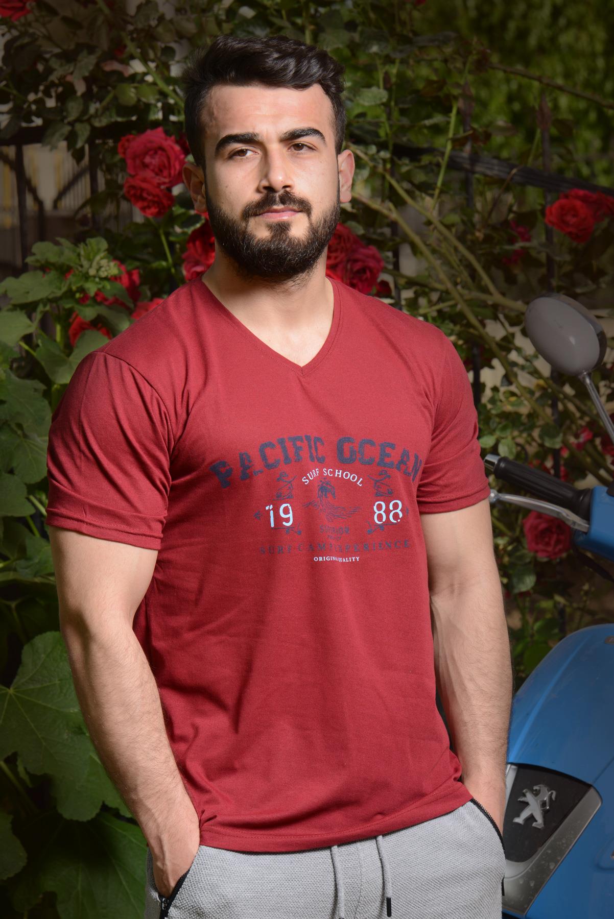 Erkek Kırmızı Slim Fit Kısa Kollu V Yaka Tişört 21ETSHPSCF