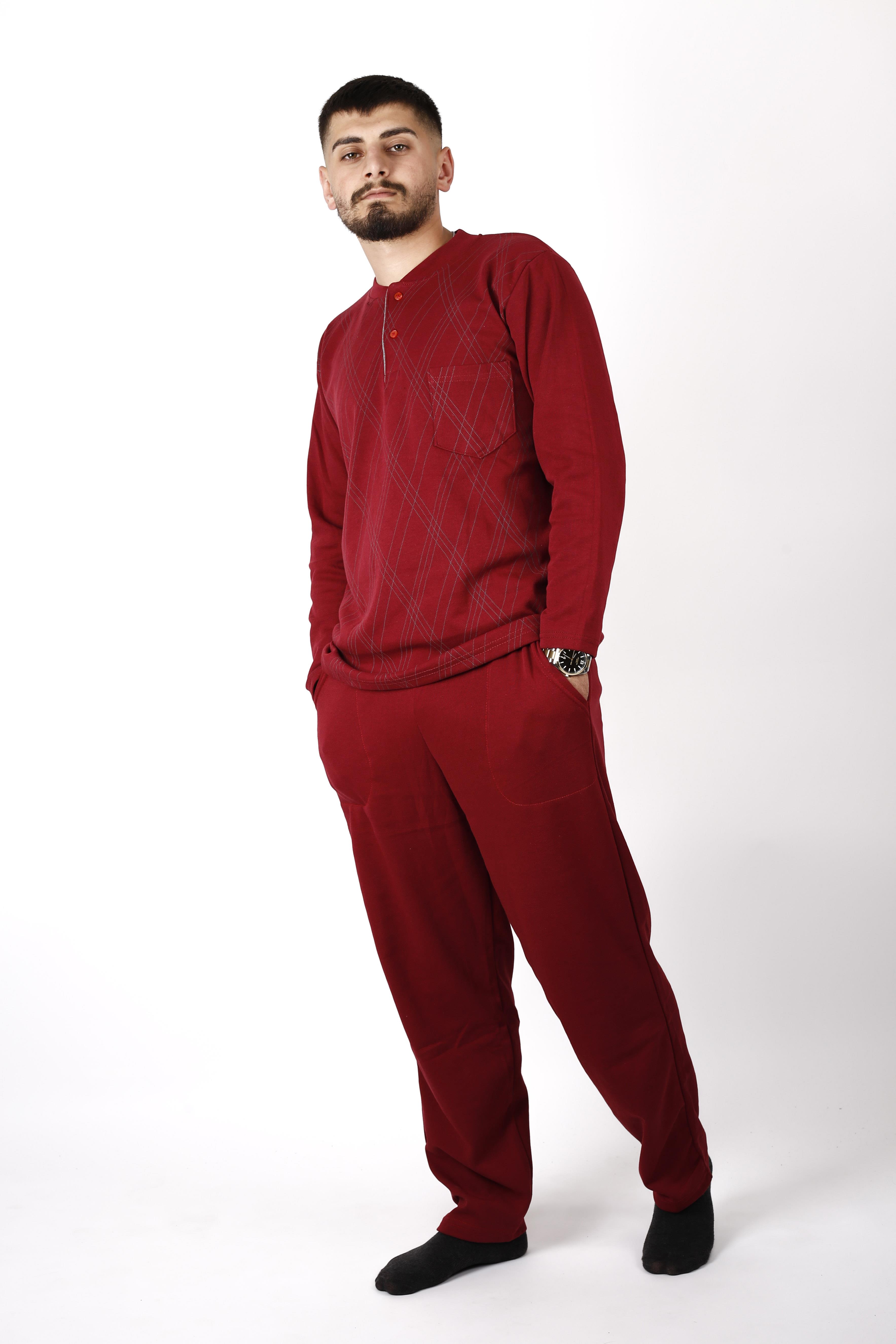 Erkek Kırmızı Yaka Düğmeli İnterlok Kumaş Rahat Kalıp Uzun Kollu Pijama Takımı 21EPJTBKLV