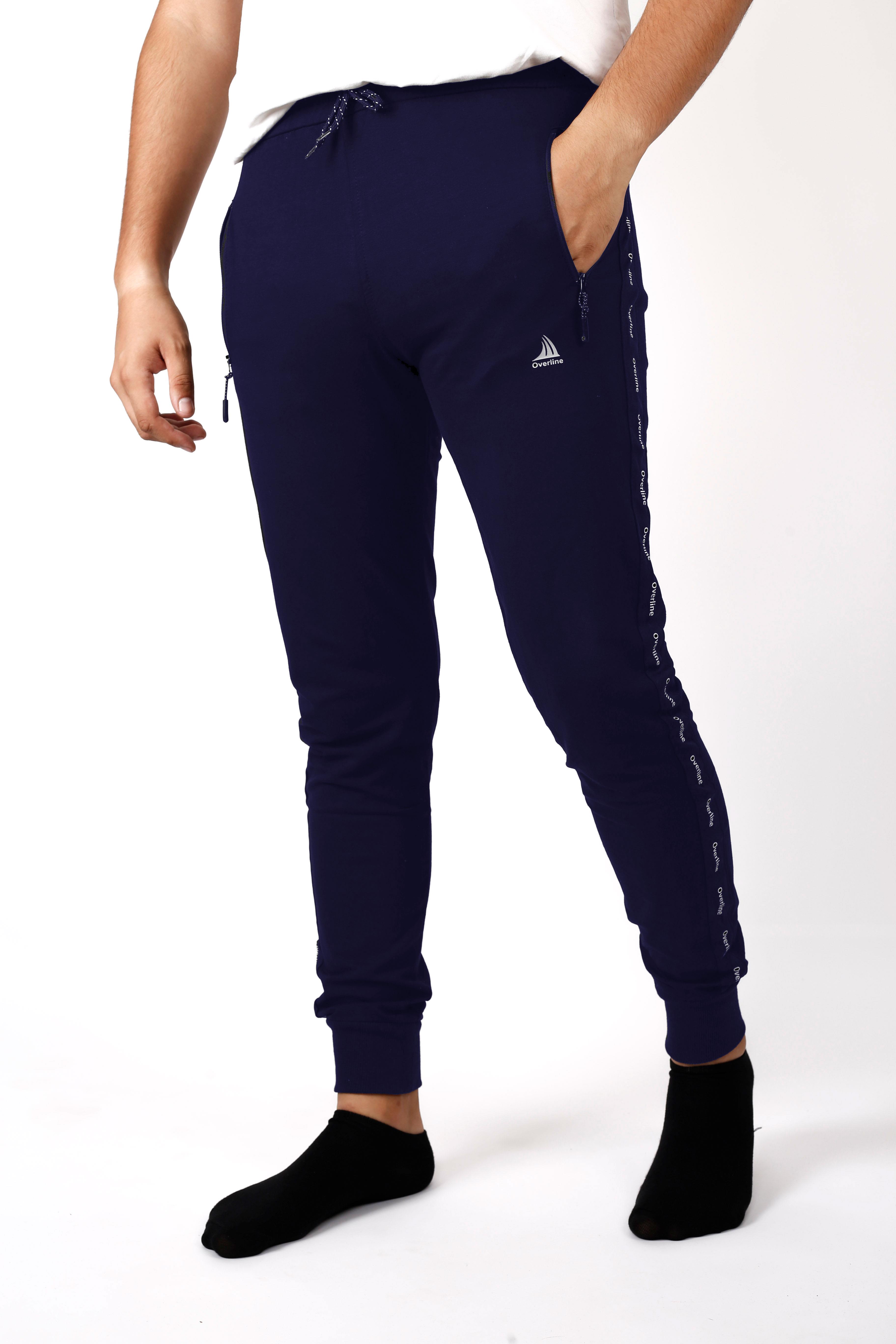 Erkek Koyu Lacivert Düz Ribanalı Lastikli Esnek Kumaş Şeritli Overline Eşofman Altı 22EESAH216