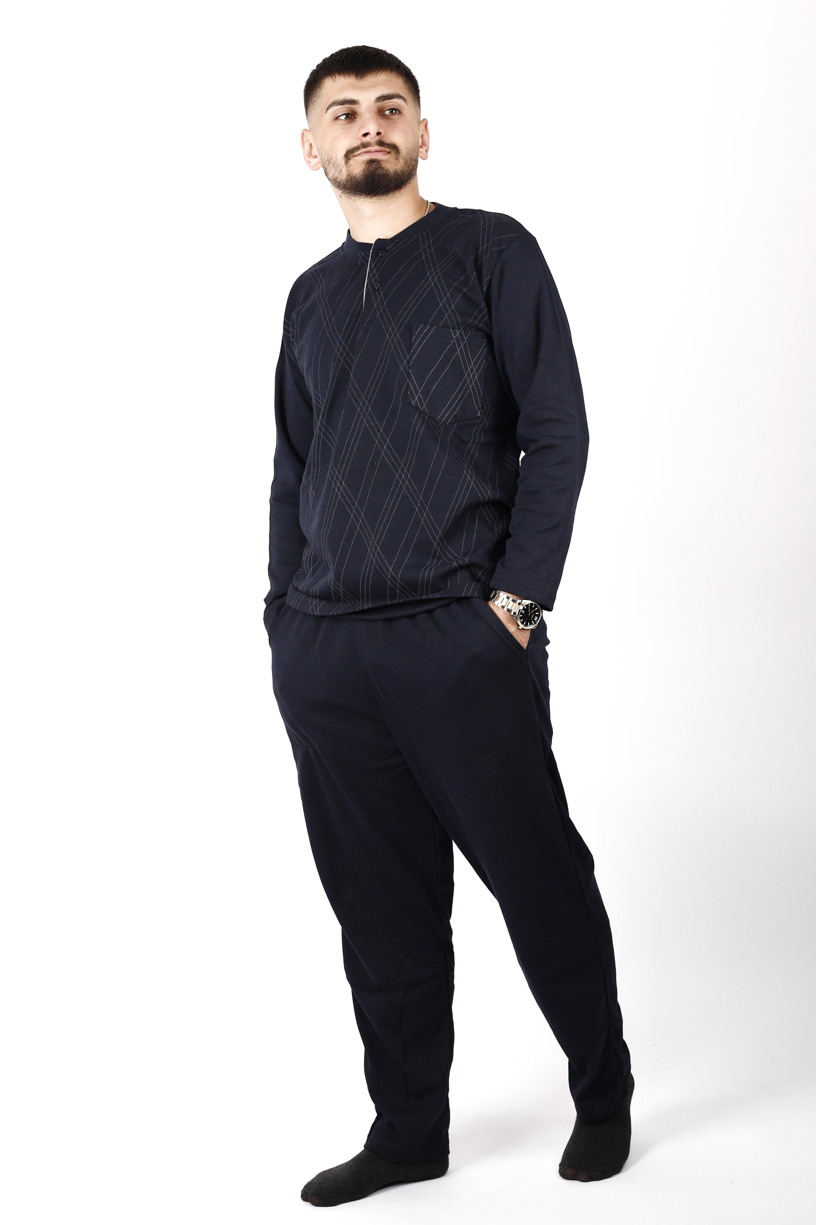 Erkek Koyu Lacivert Yaka Düğmeli İnterlok Kumaş Rahat Kalıp Uzun Kollu Pijama Takımı 21EPJTBKLV