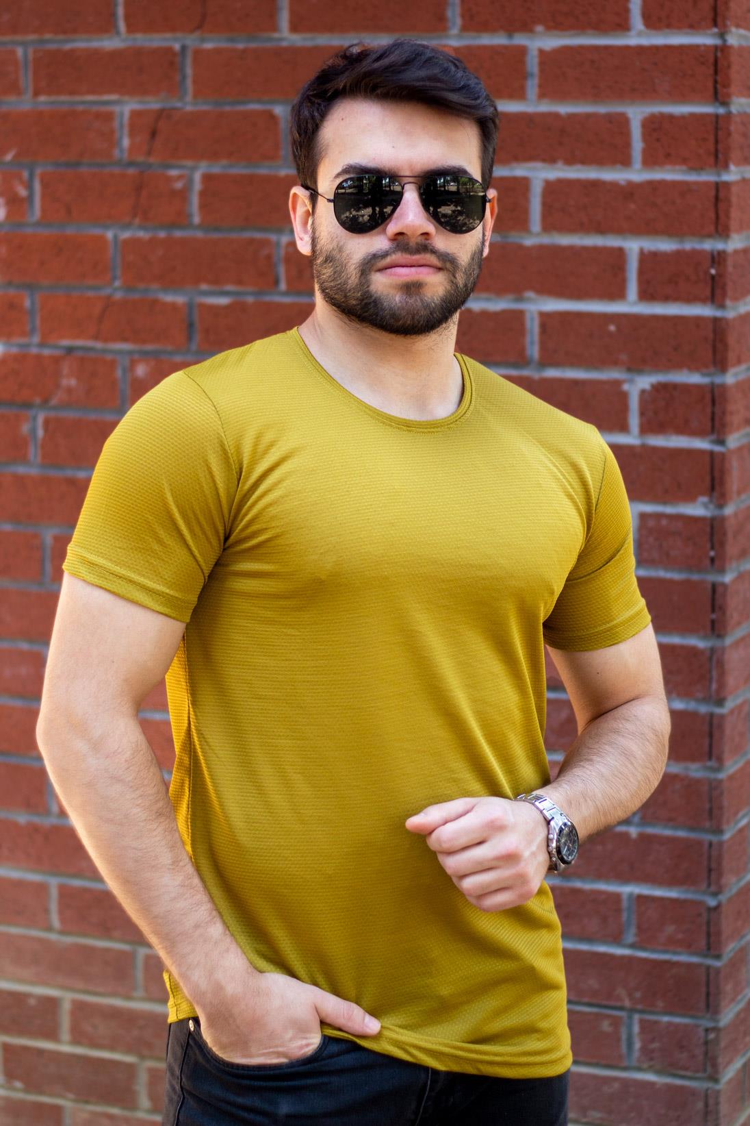 Erkek Koyu Sarı Basic Rahat İnce Petek Kumaş Spor Tshirt 22ETSHPORT