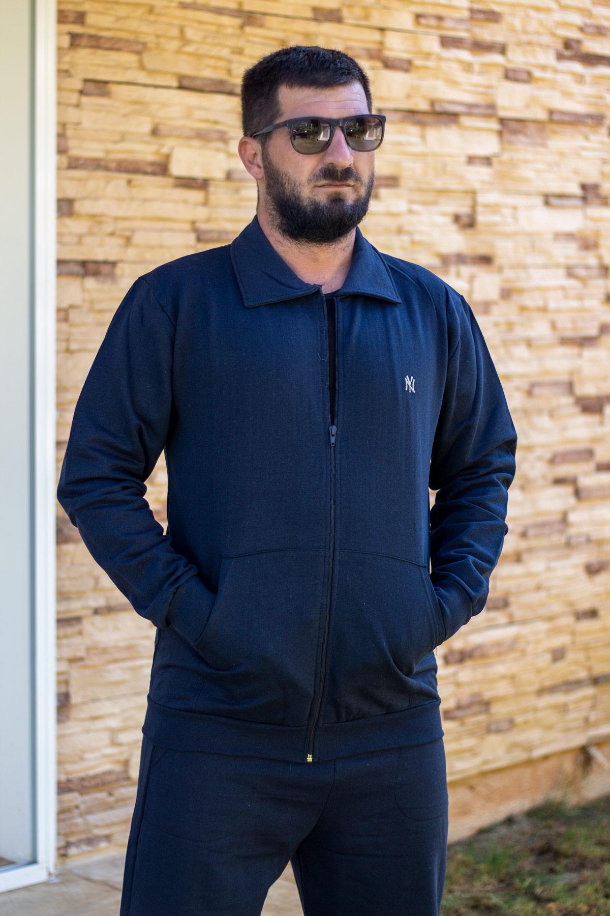 Erkek Lacivert Basic Düz Fermuarlı İçi Yumuşak Kalın Sweat Eşofman Takımı 21EESTFERM