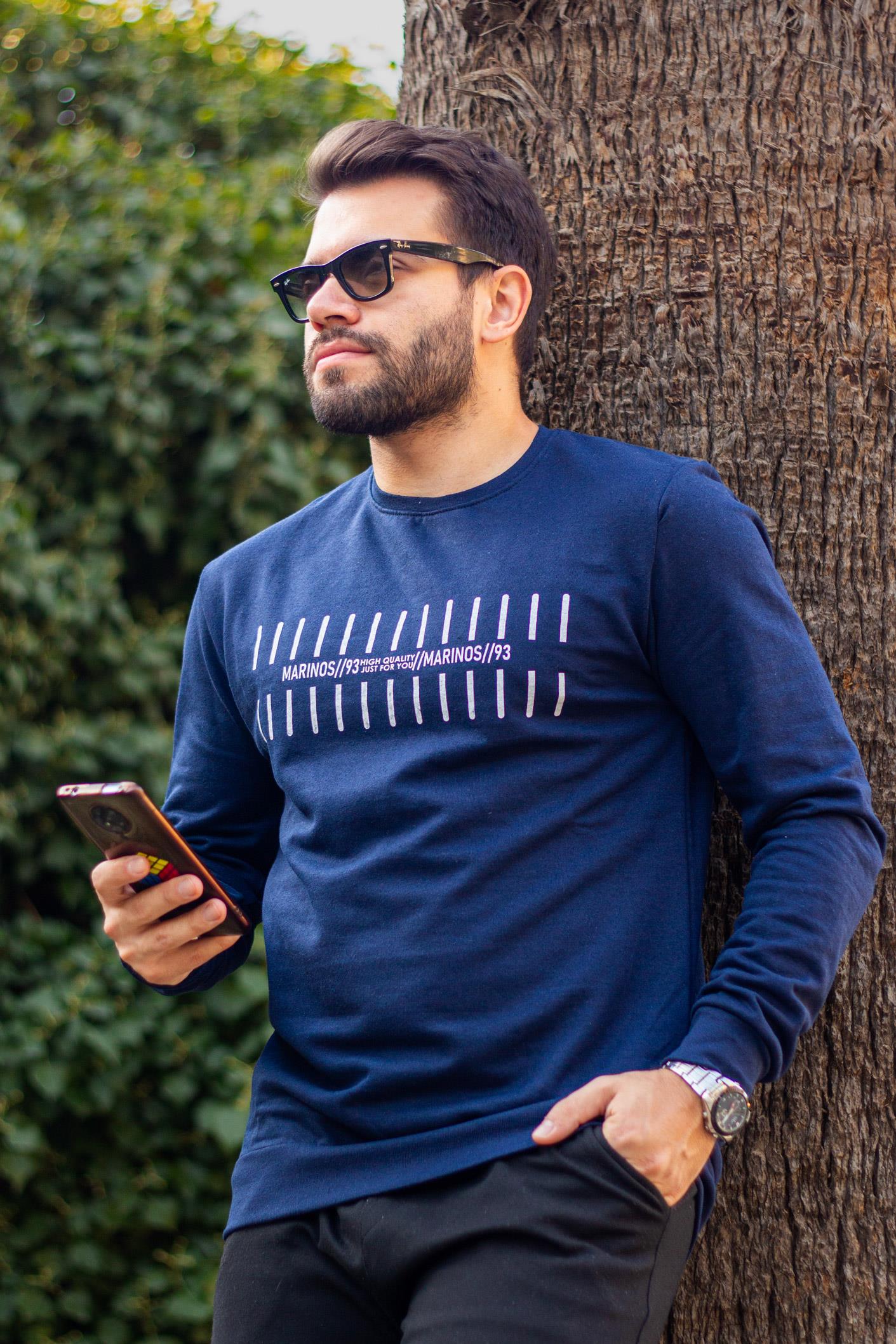 Erkek Lacivert Baskılı 2 İki İplik İçi Yumuşak Bisiklet Yaka Kalın Uzun Kollu Sweatshirt 23ESWTDKOD