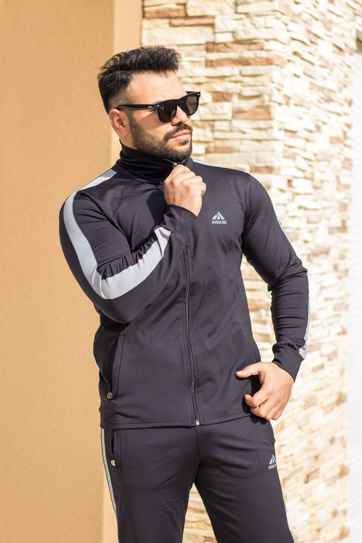 Erkek Siyah Scuba Dalgıç Kumaş Şeritli Çizgili Fermuarlı Spor Eşofman Takımı 21EESTSKBA