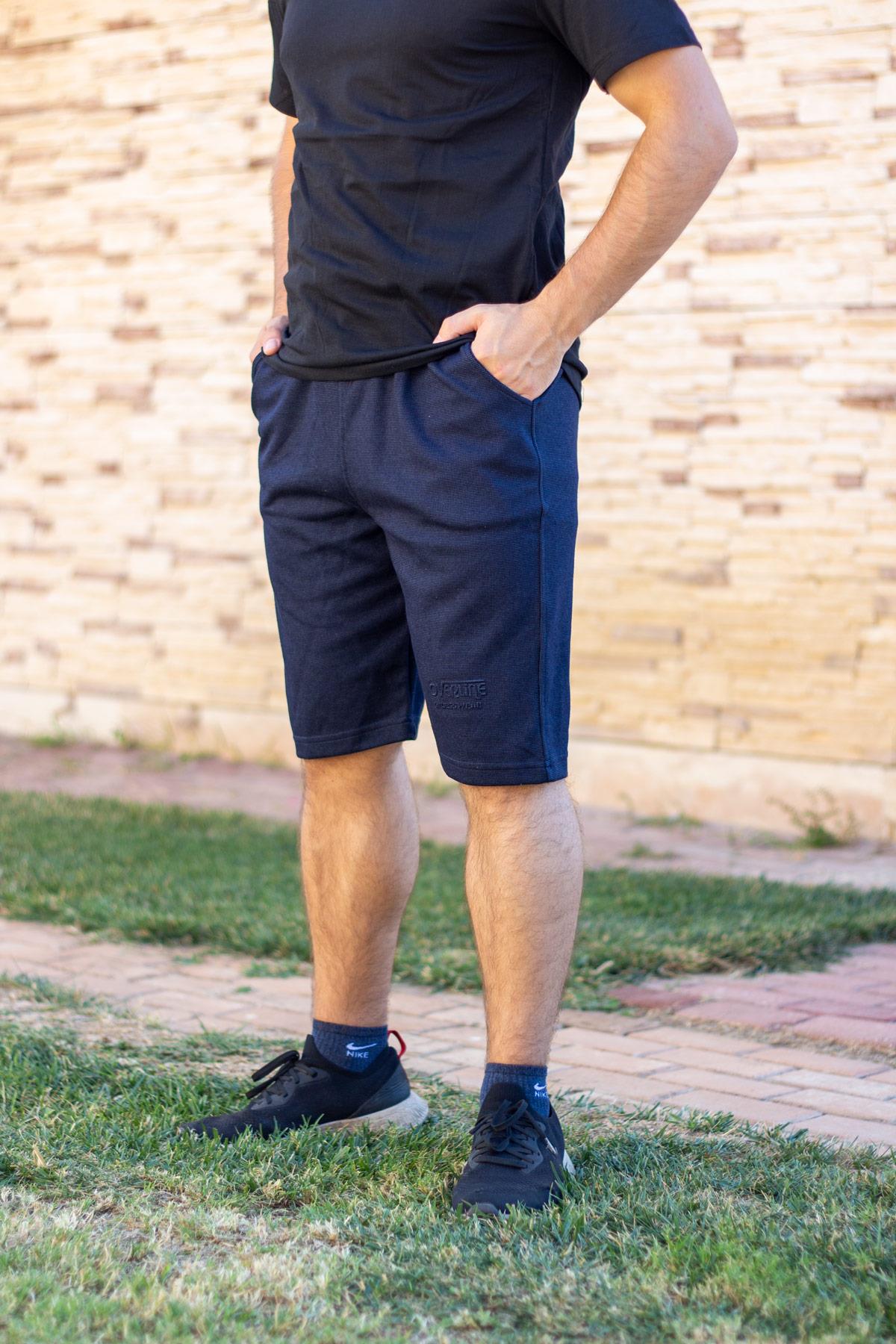 Erkek Lacivert Ekose Kare Desen Nakış Baskılı İpli Lastikli Şort 21ESRTEKKO