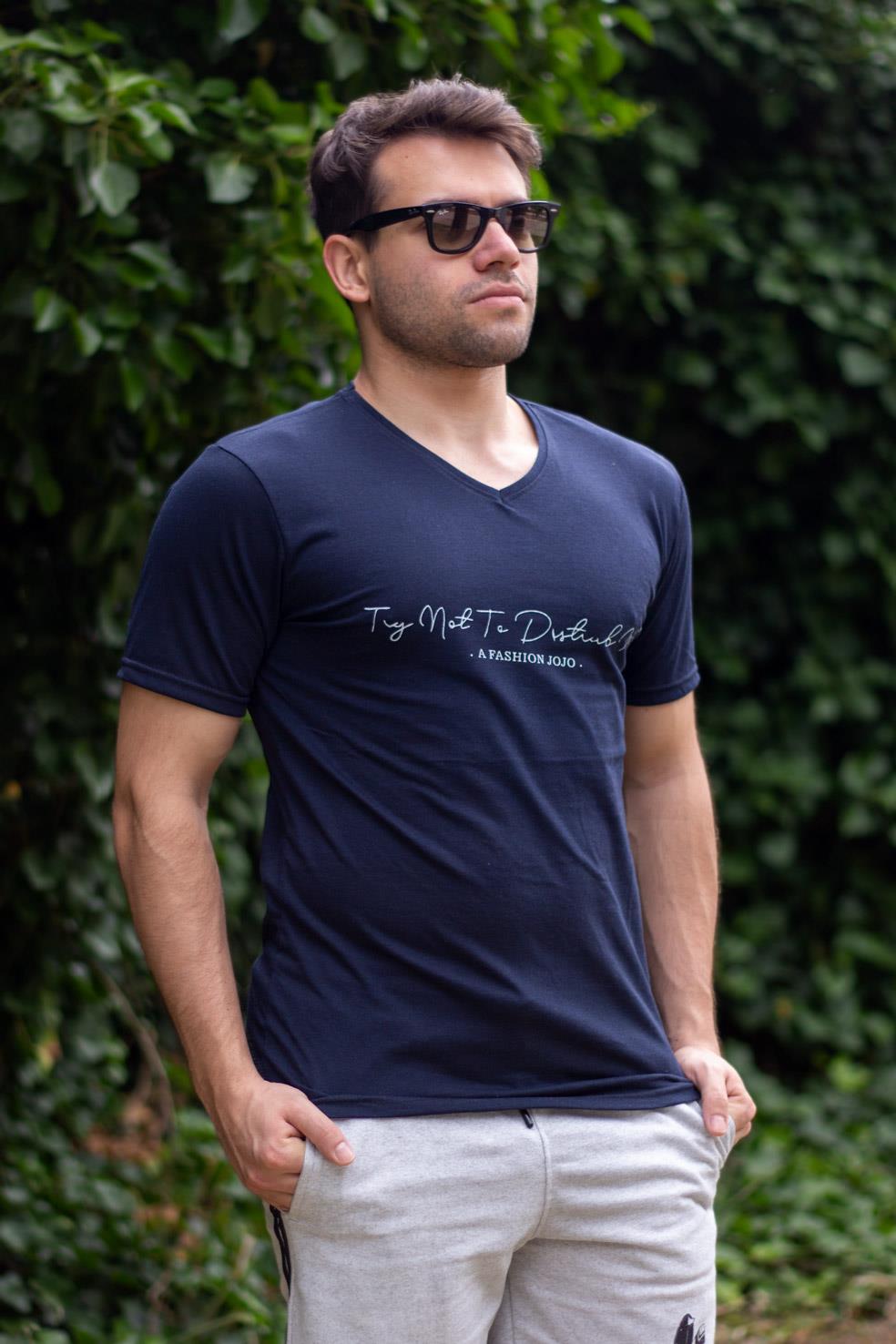 Erkek Lacivert El Yazısı İmza Baskı Kısa Kollu V Yaka Erkek T-Shirt 23ETSHVYAZ