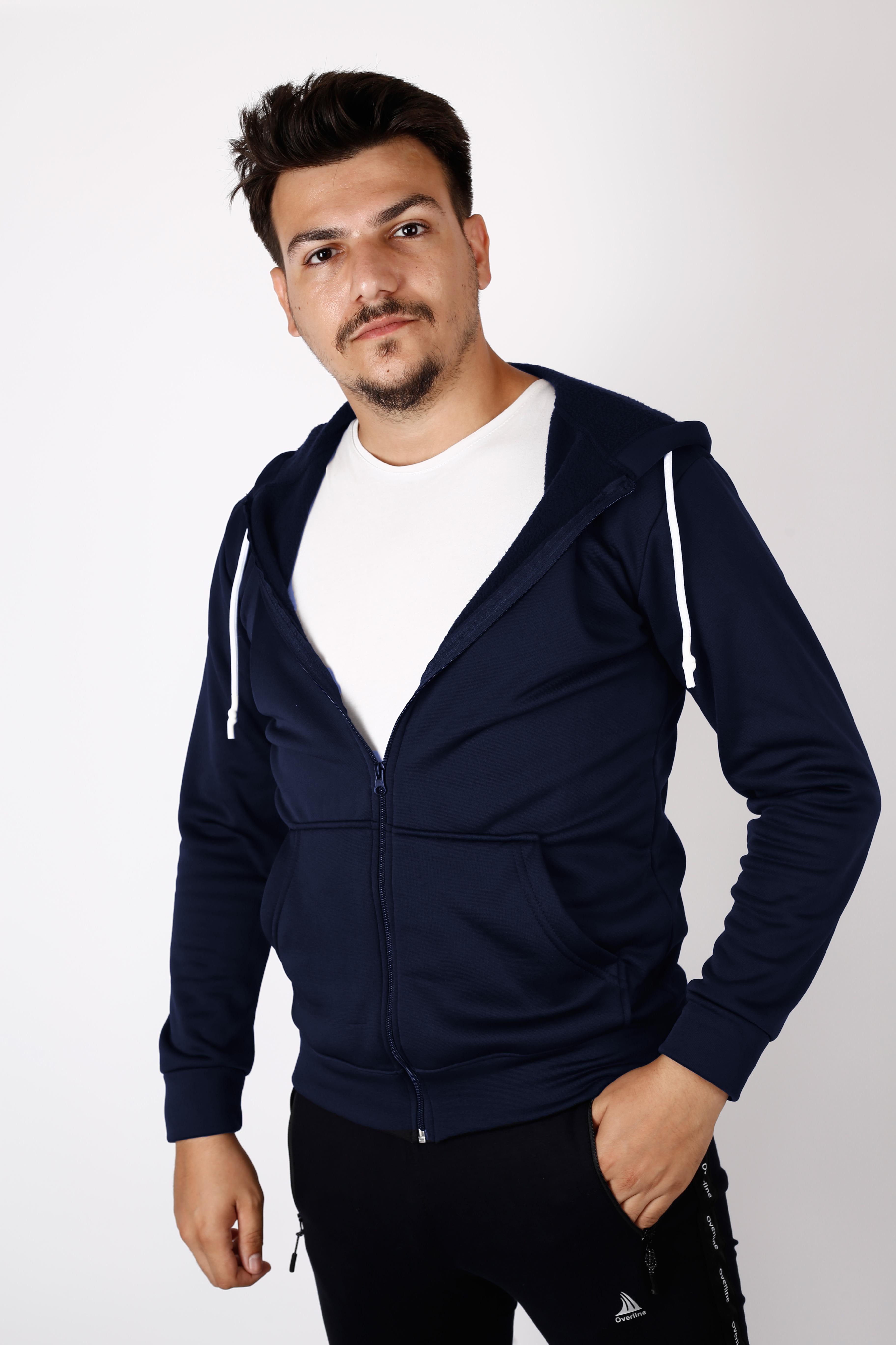 Erkek Lacivert İçi Yumuşak Kalın Polar Fermuarlı Kapüşonlu Ceket Sweatshirt 22ESWTPALM