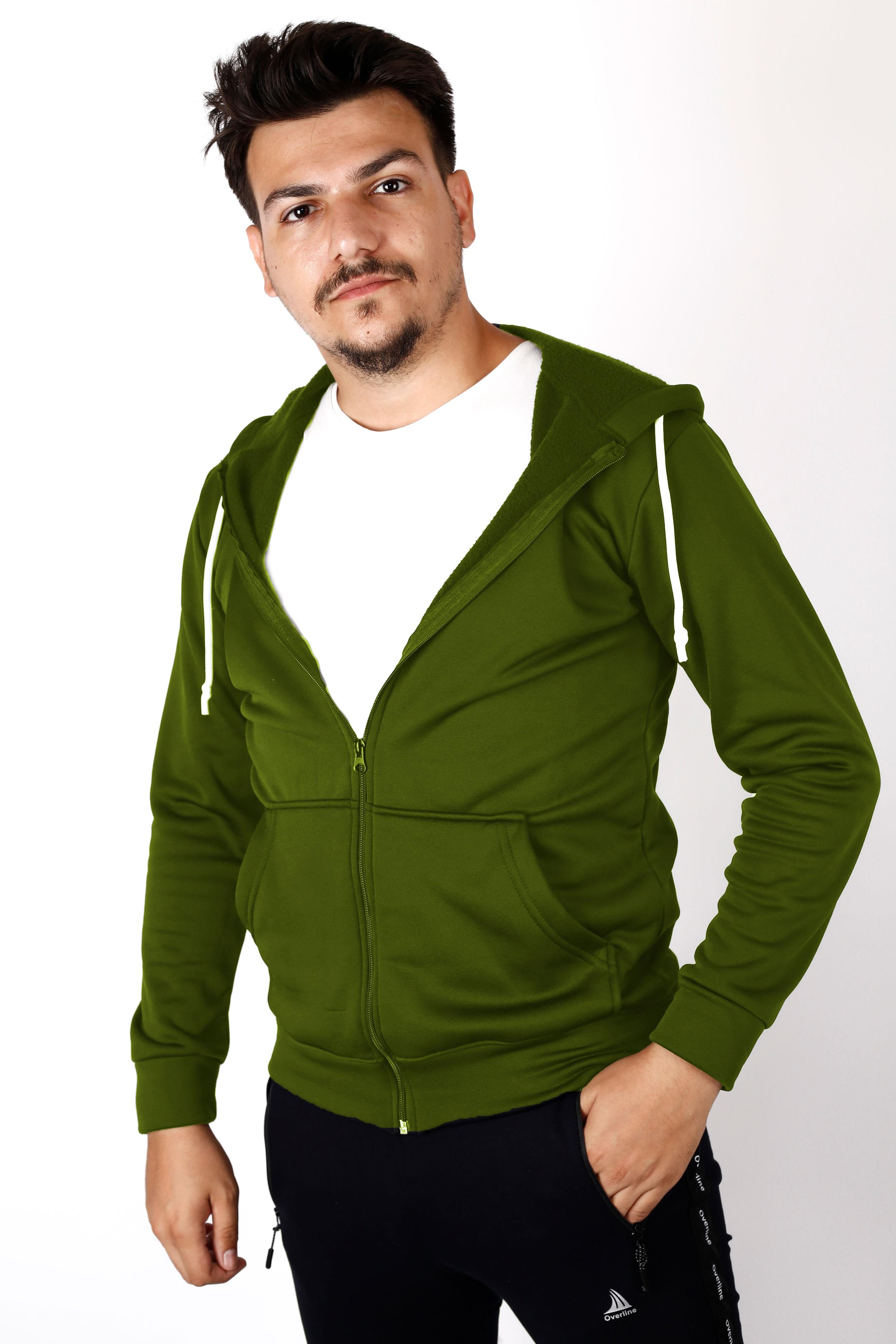 Erkek Haki İçi Yumuşak Kalın Polar Fermuarlı Kapüşonlu Ceket Sweatshirt 22ESWTPALM