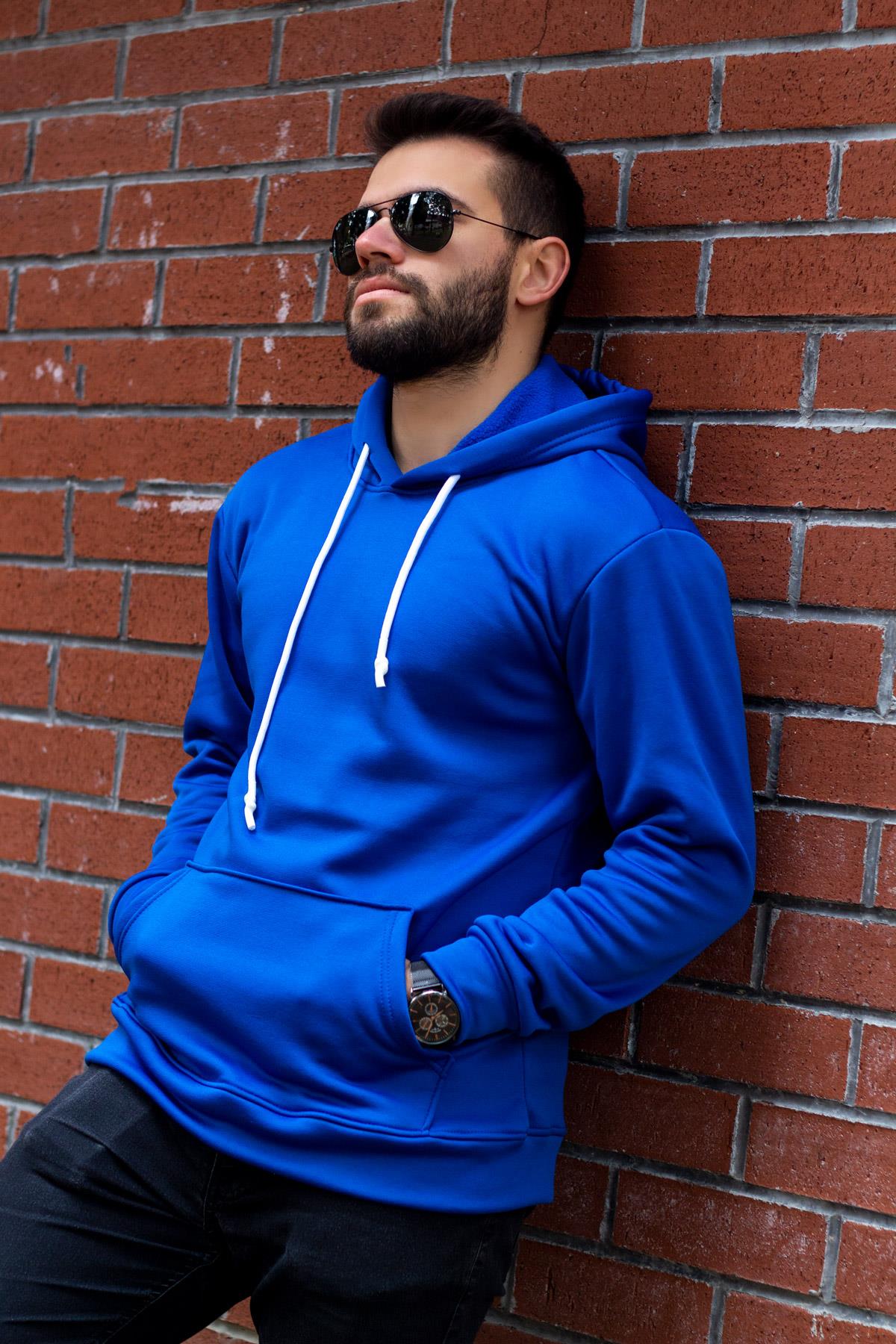 Erkek Mavi İçi Yumuşak Kalın Polar Kanguru Cep Kapüşonlu Sweatshirt 22ESWTPOLM