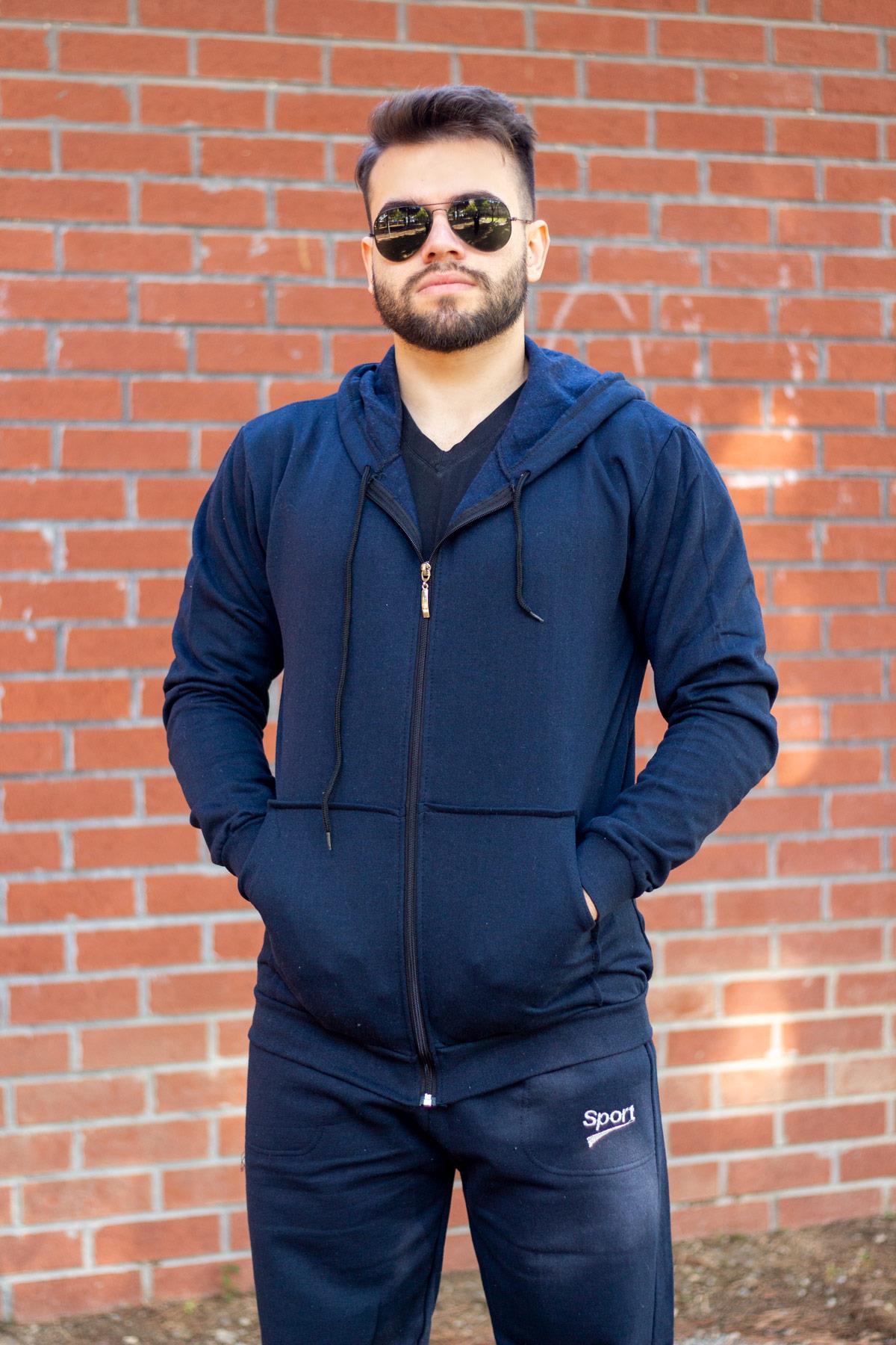 Erkek Lacivert Kapüşonlu Fermuarlı İçi Yumuşak Kalın Eşofman Takımı 21EESTKAFE