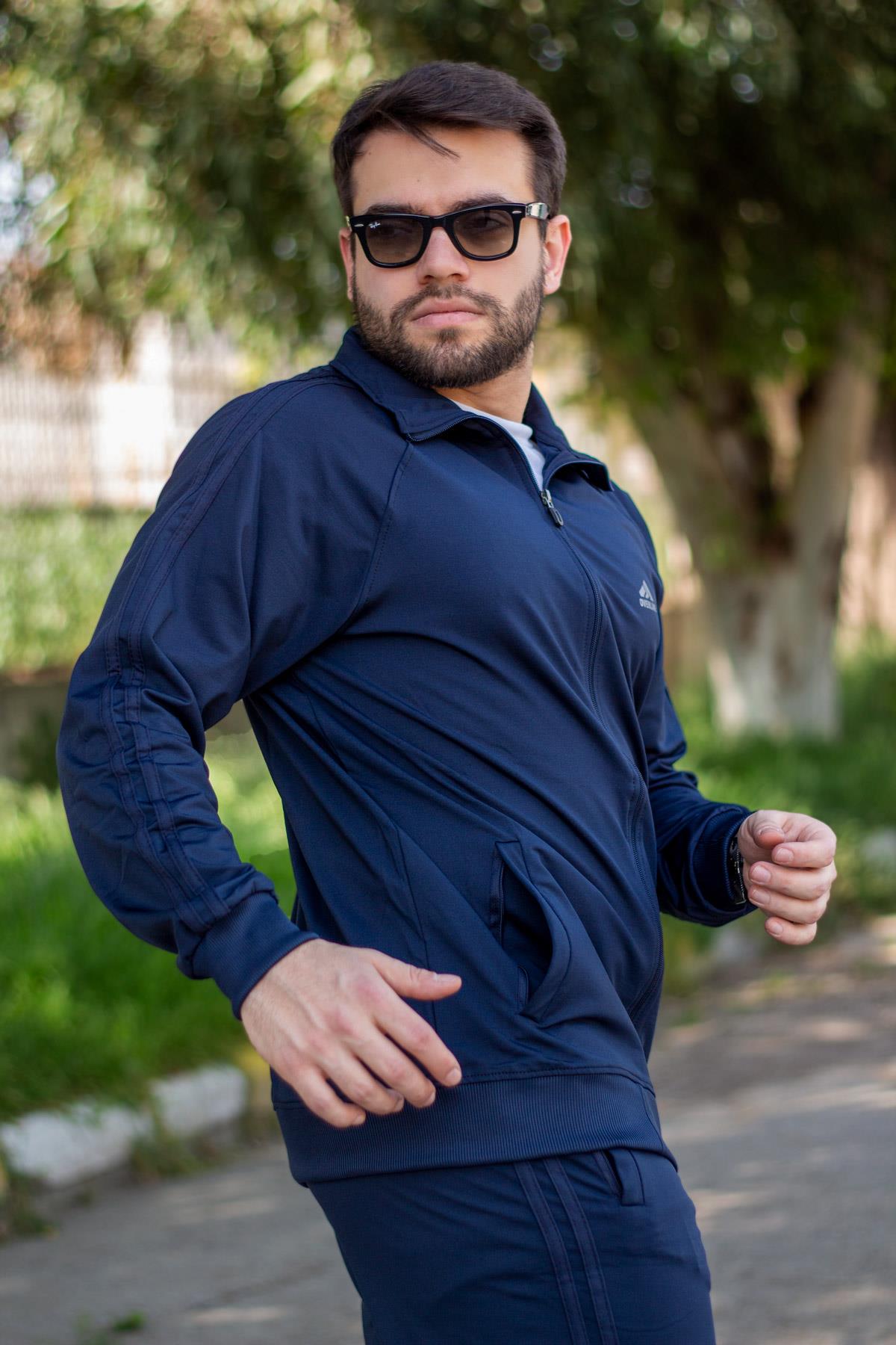 Erkek Lacivert Siyah Şerit Detay Yumuşak Scuba Dalgıç Kumaş Spor Eşofman Takımı 22EESTDALG