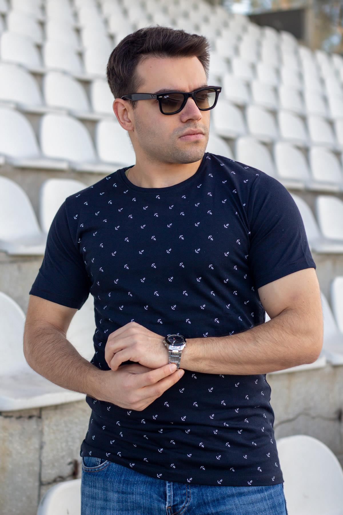 Erkek Lacivert Slim Fit Çapa Desenli Bisiklet Sıfır Yaka Pamuklu Kısa Kollu T-Shirt 20ETSHCAPA