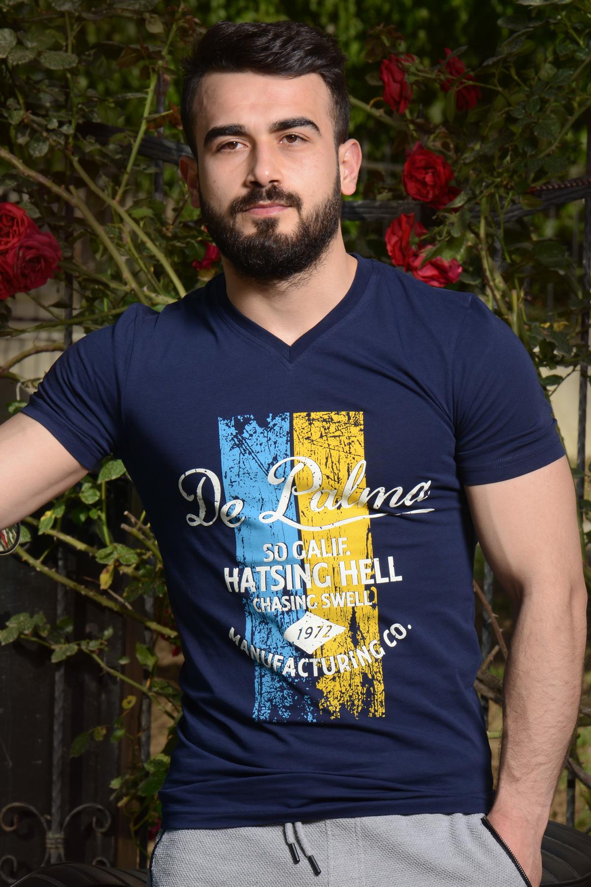 Erkek Lacivert Slim Fit De Palma Yazılı Kısa Kollu V Yaka Tişört 20ETSHPALM