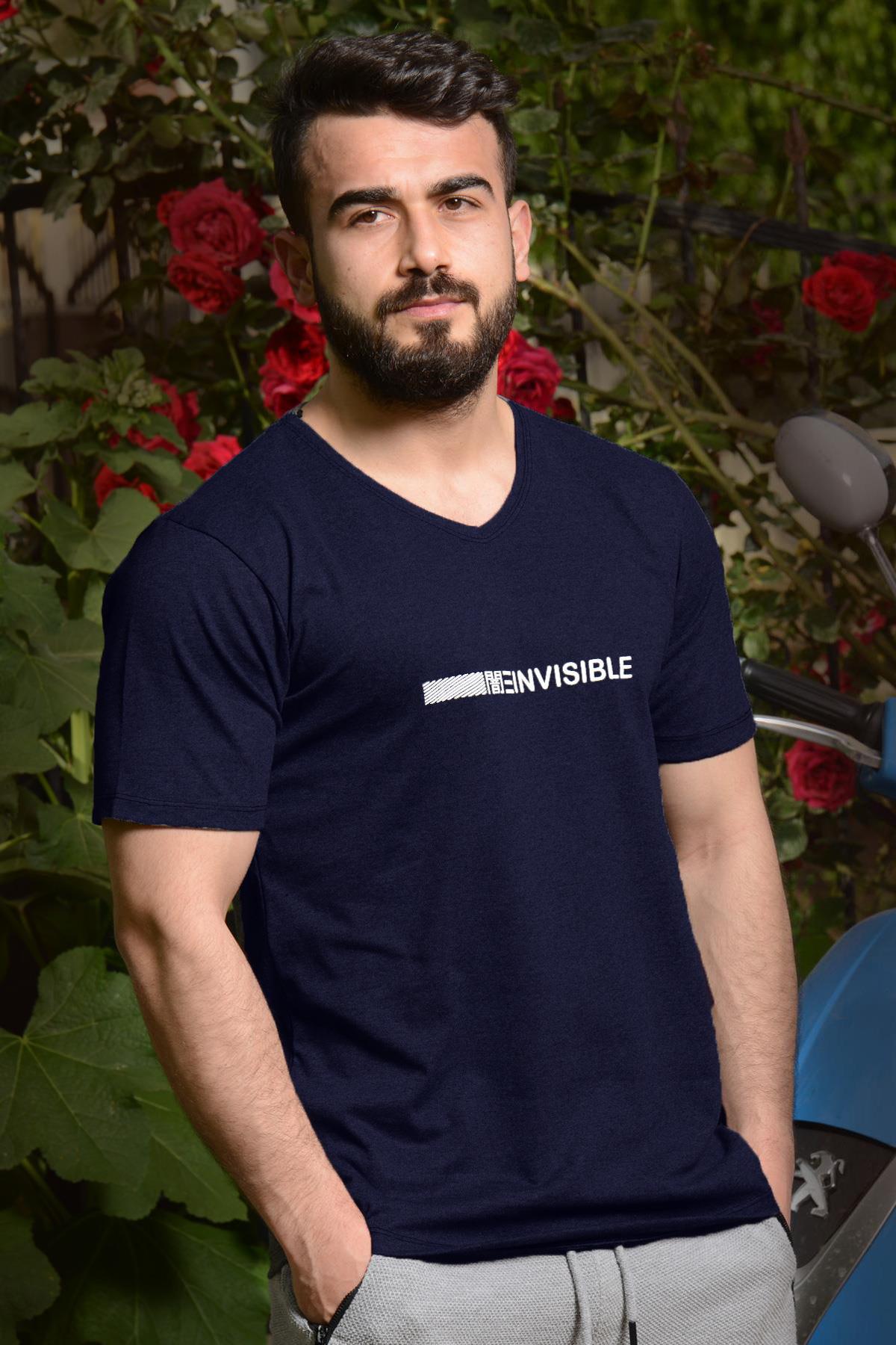 Erkek Lacivert Slim Fit Invisible Yazılı Kısa Kollu V Yaka Tişört 20ETSHNVSB