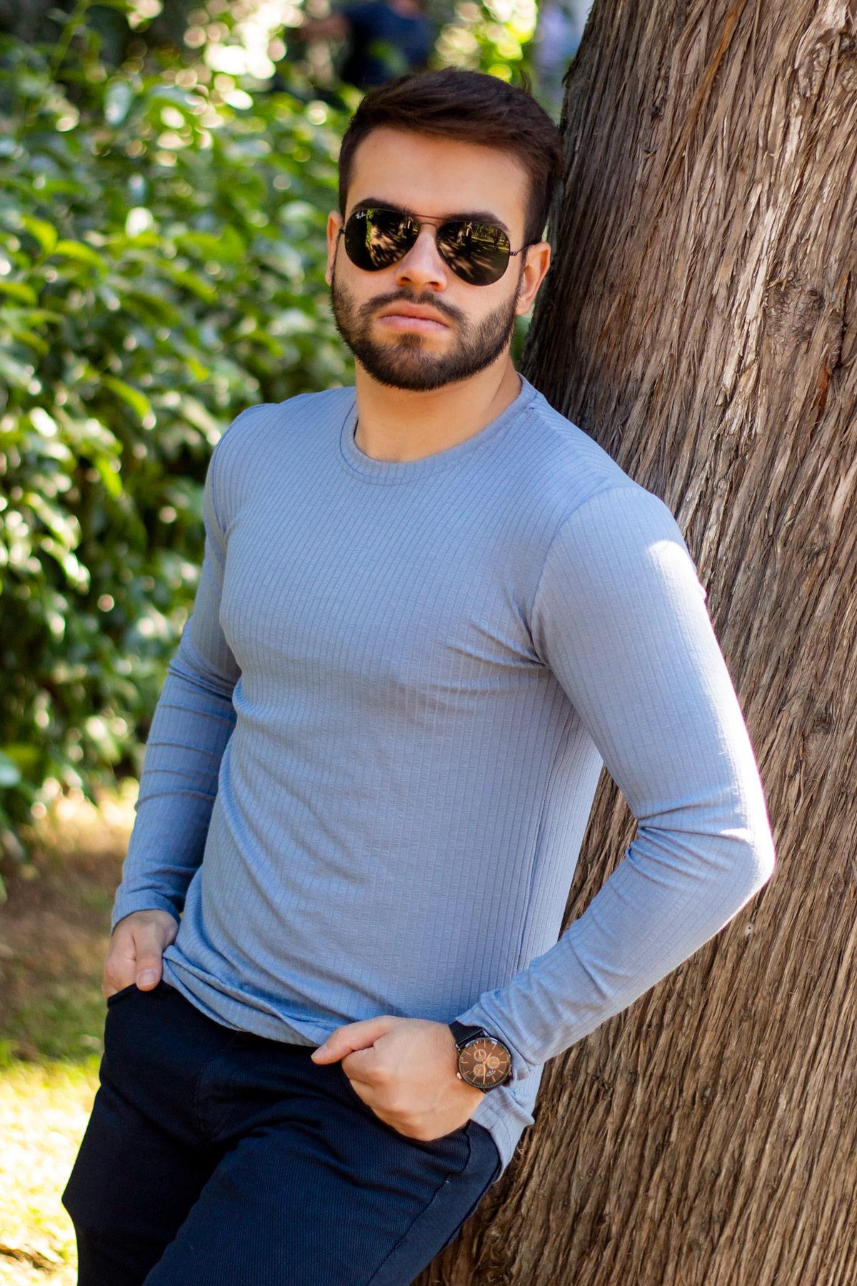 Erkek Mavi Basic Düz Fitilli Slim Fit Triko İnce Body Kazak 21EBDYFODY