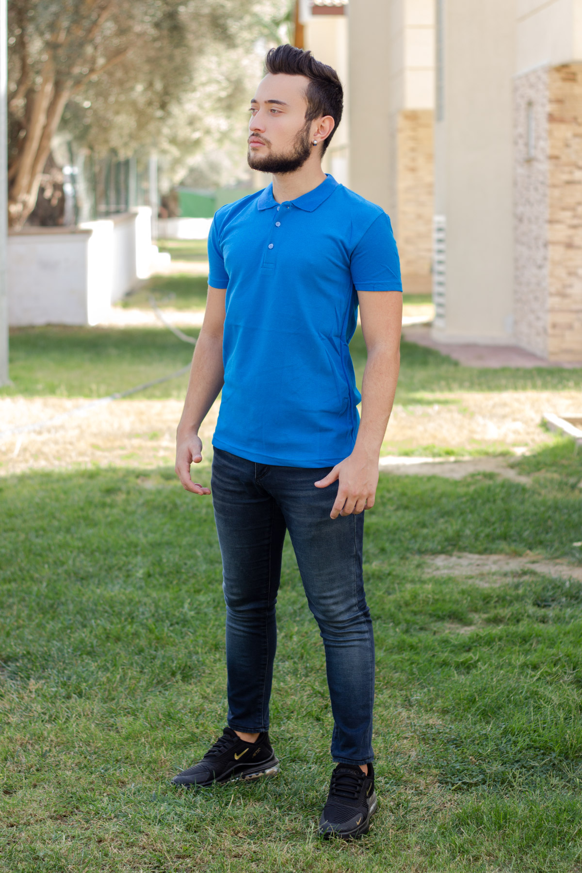 Erkek Mavi Basic Slim Fit Düz Sade Polo Yaka Tişört 20EPLY0001