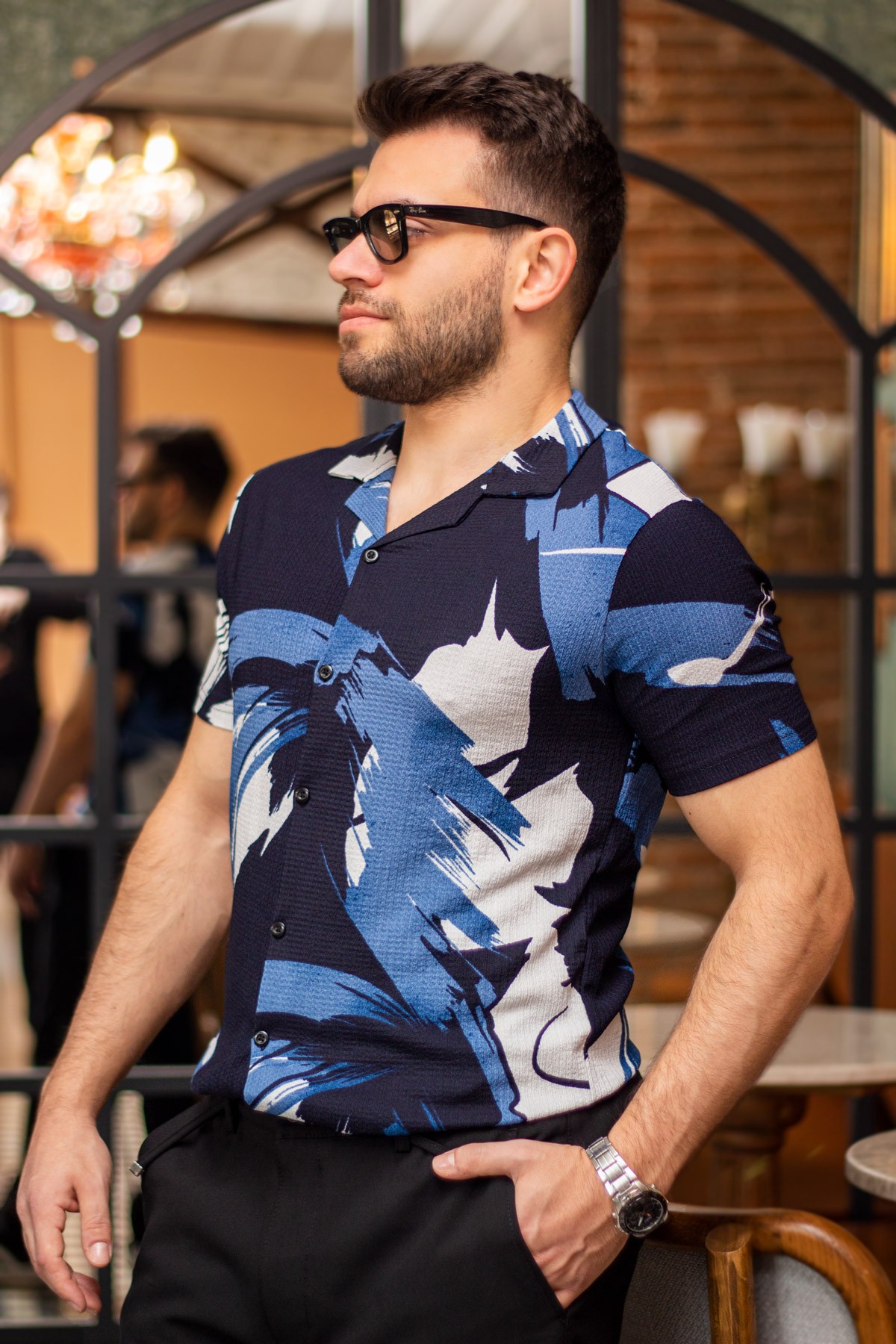 Erkek Mavi Beyaz Desen Esnek Bürümcük Regular Fit Kısa Kol Gömlek 25EGMLGIMM