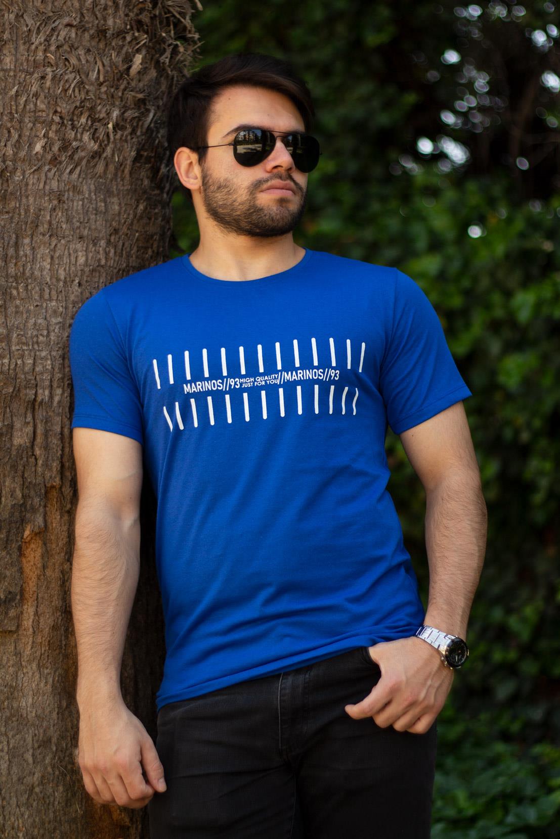 Erkek Mavi Çizgi Baskılı Normal Kesim Bisiklet Yaka Erkek Tişört 22ETSHMROS